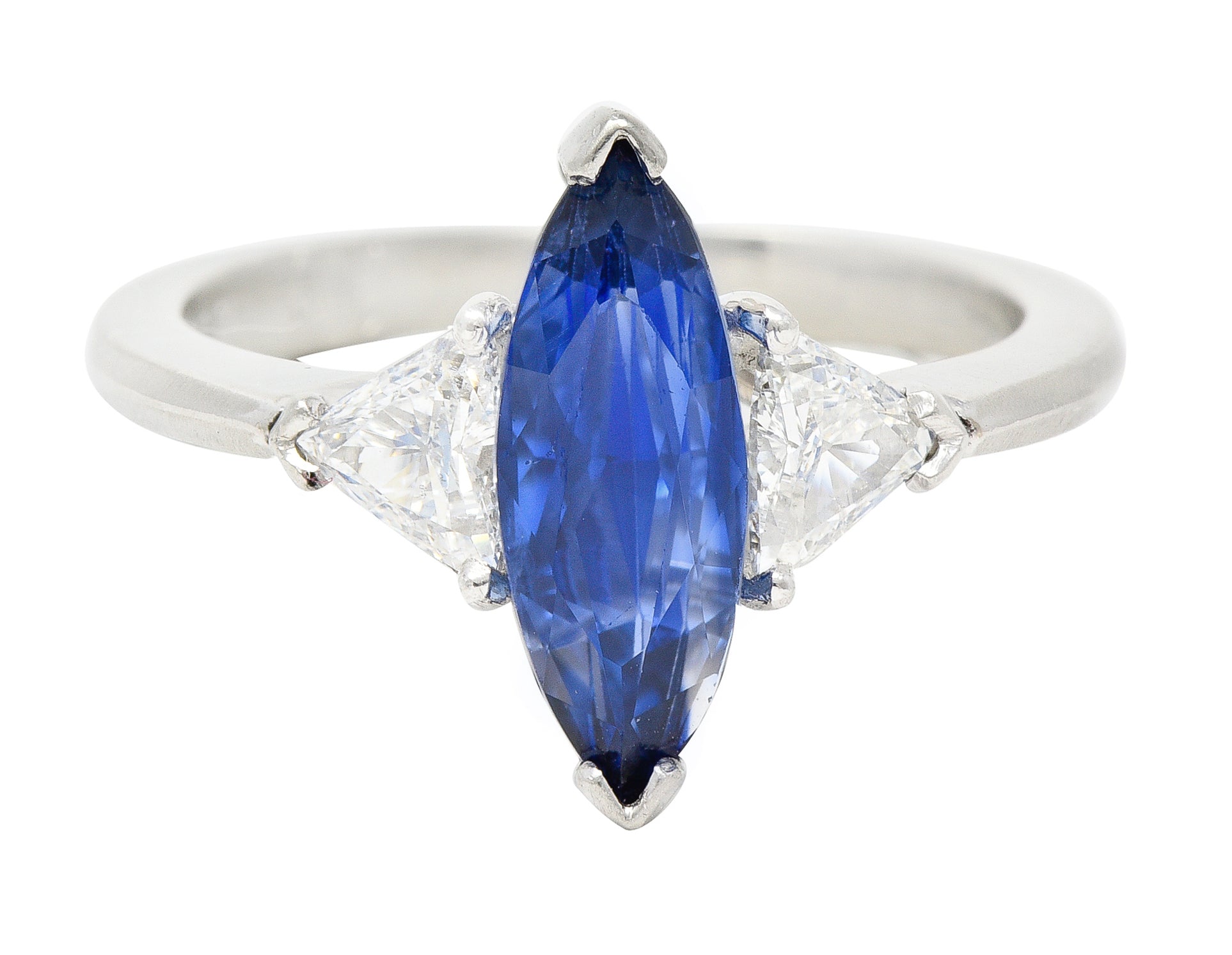 Contemporary 2.44 CTW Marquise Cut Sapphire Trillion Cut Diamond Platinum Three Stone Ring Wilson's Estate Jewelry