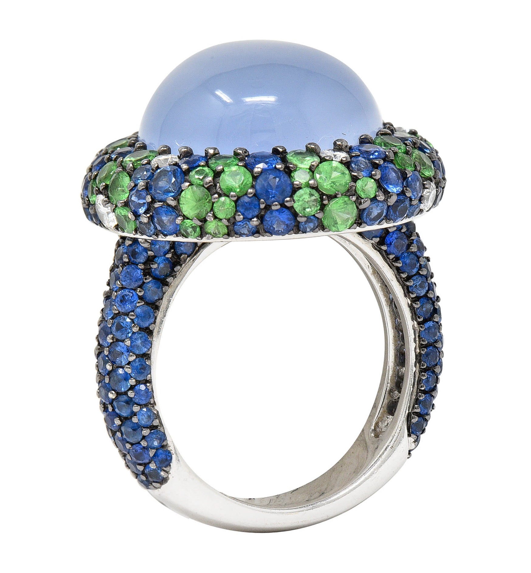 Blue Chalcedony 7.55 CTW Sapphire Diamond Tsavorite 18 Karat White Gold Cocktail RingRing - Wilson's Estate Jewelry