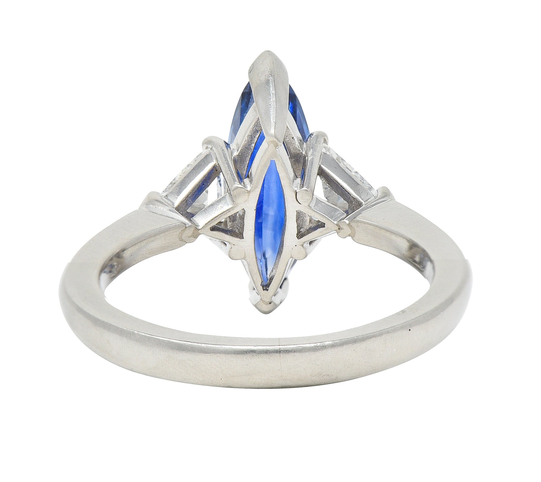 Contemporary 2.44 CTW Marquise Cut Sapphire Trillion Cut Diamond Platinum Three Stone Ring Wilson's Estate Jewelry