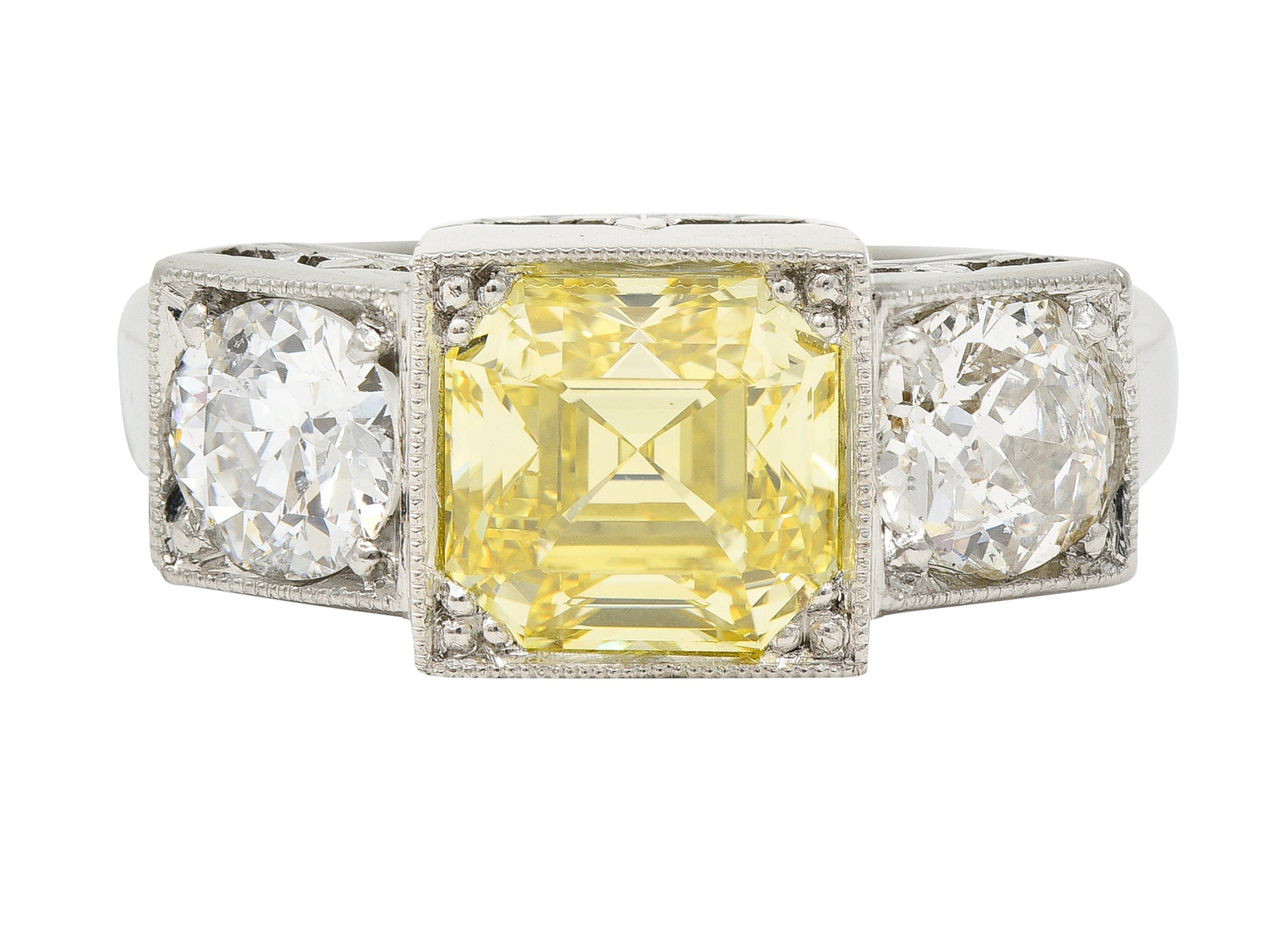 Art Deco 3.20 CTW Asscher Cut Fancy Intense Yellow & Old European Cut Diamond Platinum Foliate Vintage Ring GIA Wilson's Estate Jewelry