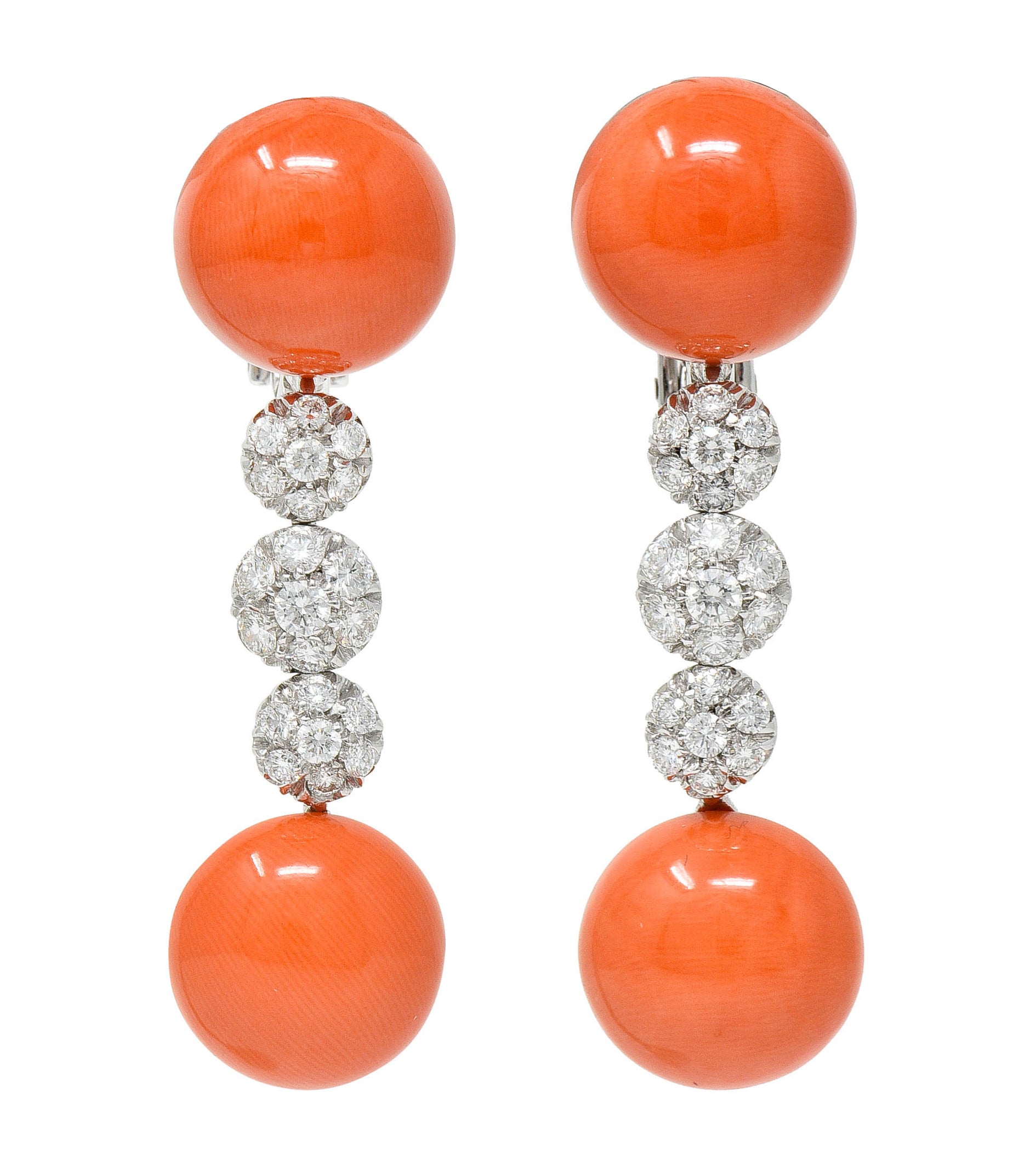 1960's Vintage Coral Diamond 18 Karat White Gold Drop EarringsEarrings - Wilson's Estate Jewelry