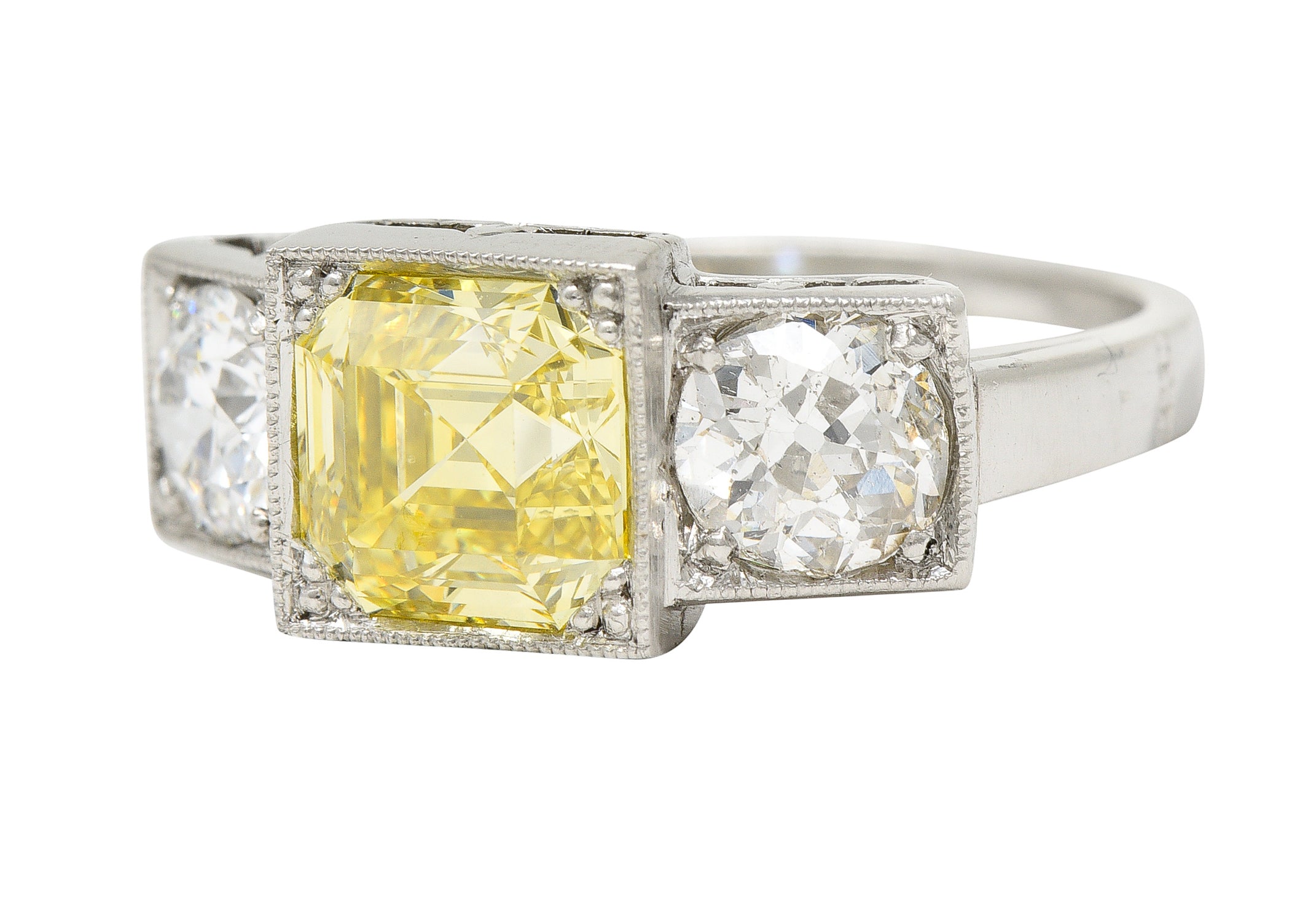 Art Deco 3.20 CTW Asscher Cut Fancy Intense Yellow & Old European Cut Diamond Platinum Foliate Vintage Ring GIA Wilson's Estate Jewelry