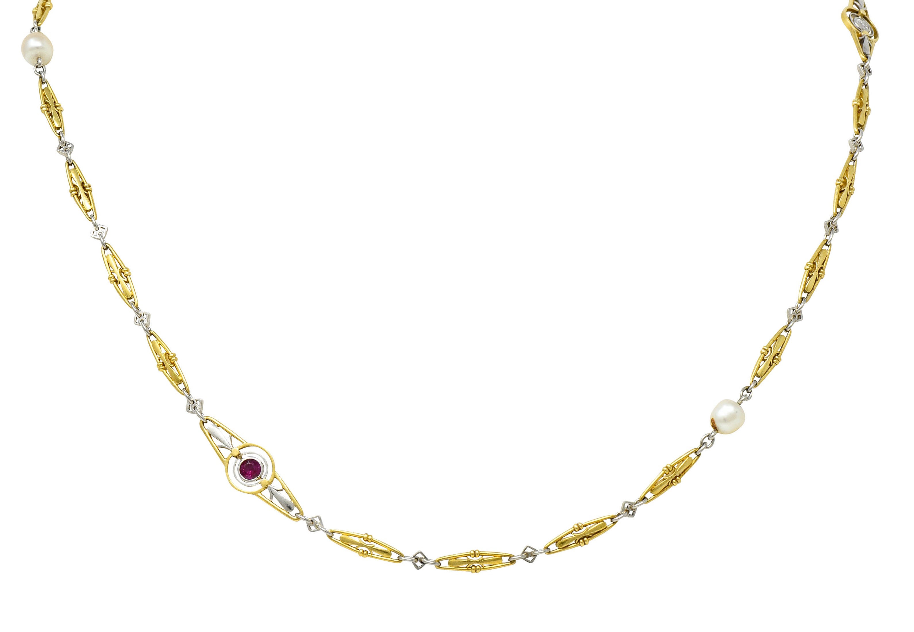 Art Deco Ruby Diamond Pearl Platinum 18 Karat Gold Link NecklaceNecklace - Wilson's Estate Jewelry