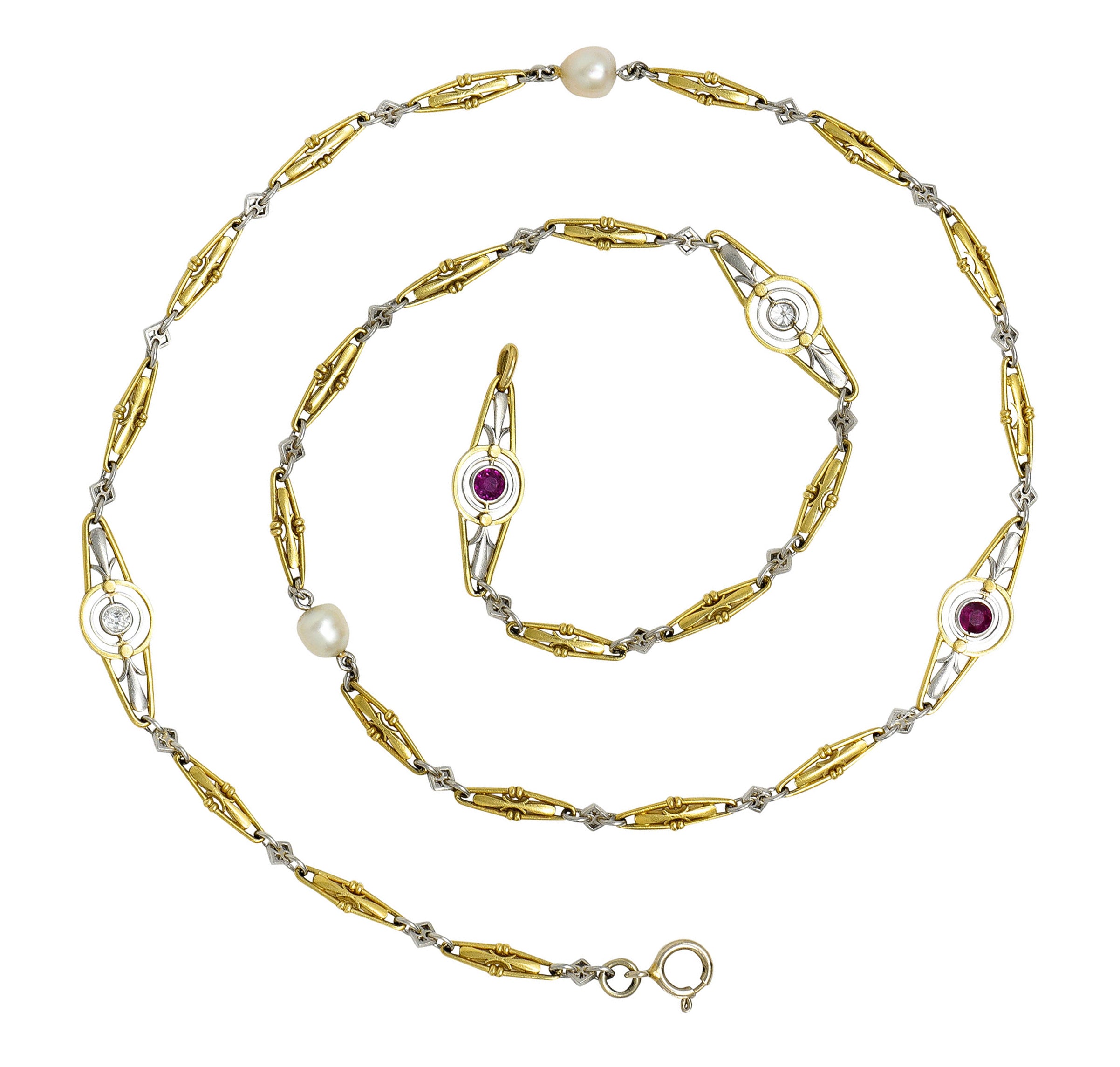 Art Deco Ruby Diamond Pearl Platinum 18 Karat Gold Link NecklaceNecklace - Wilson's Estate Jewelry