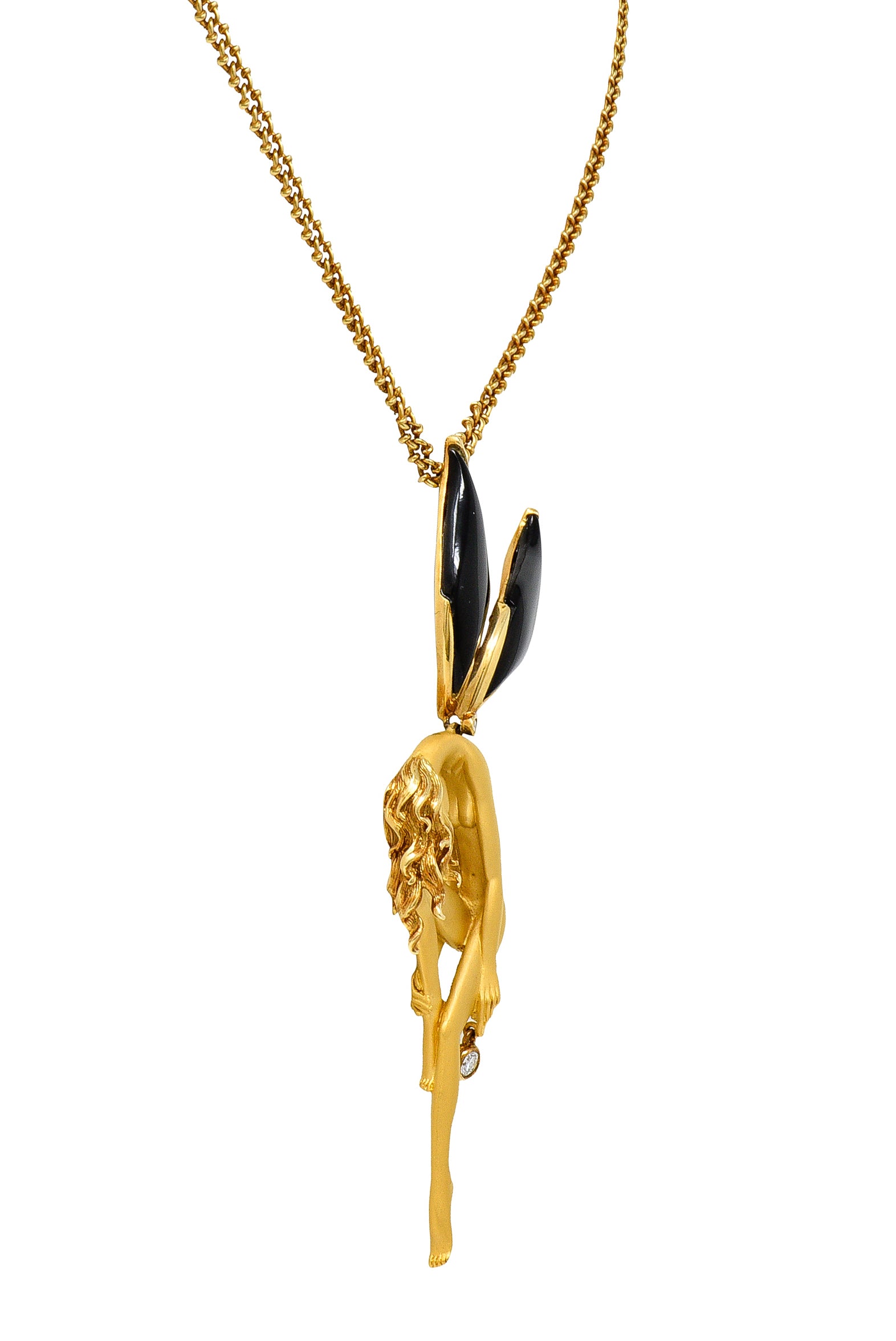 Carrera Y Carrera 1990's Diamond Onyx 18 Karat Yellow Gold Pomona Fairy Vintage Pendant Necklace Wilson's Estate Jewelry