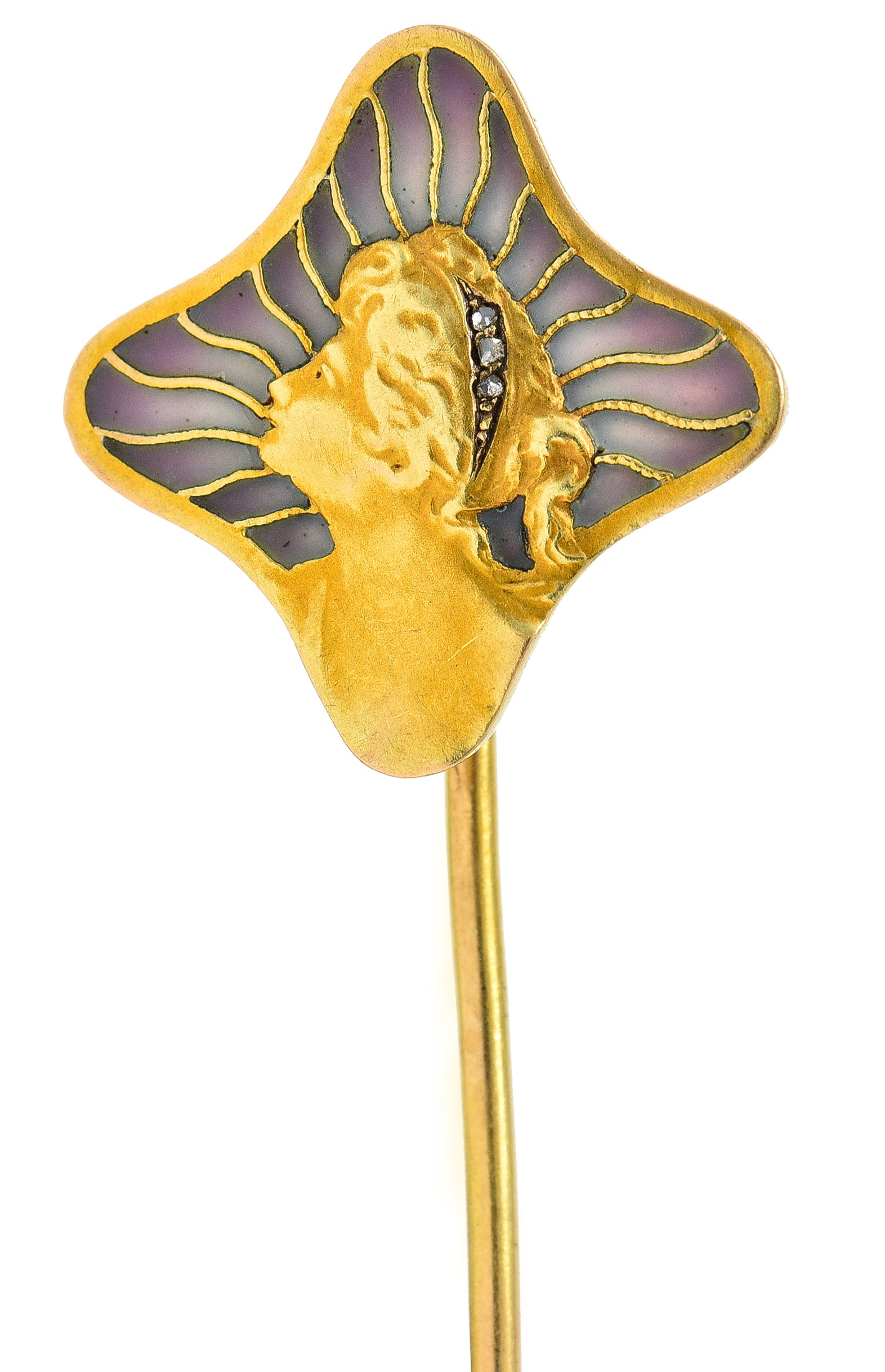 Art Nouveau Diamond Plique-A-Jour Enamel 18 Karat Yellow Gold Gibson Girl Stickpin Wilson's Antique & Estate Jewelry