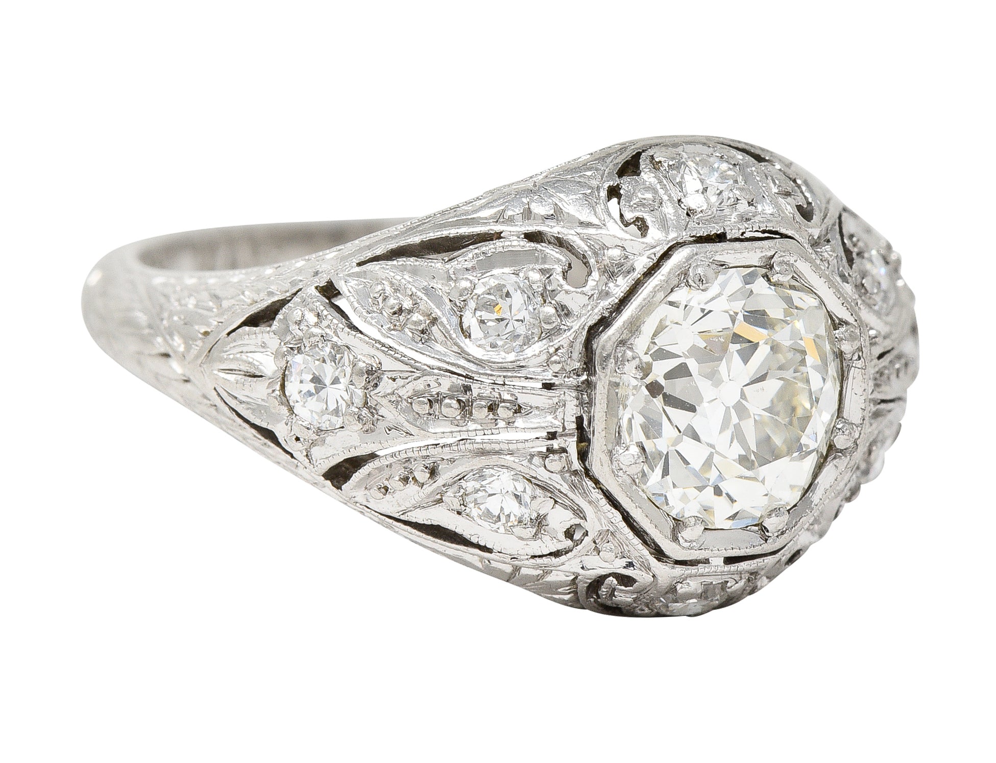 Art Deco 1.53 CTW Old European Cut Diamond Platinum Scrolling Foliate Bombay Vintage Engagement Ring Wilson's Estate Jewelry