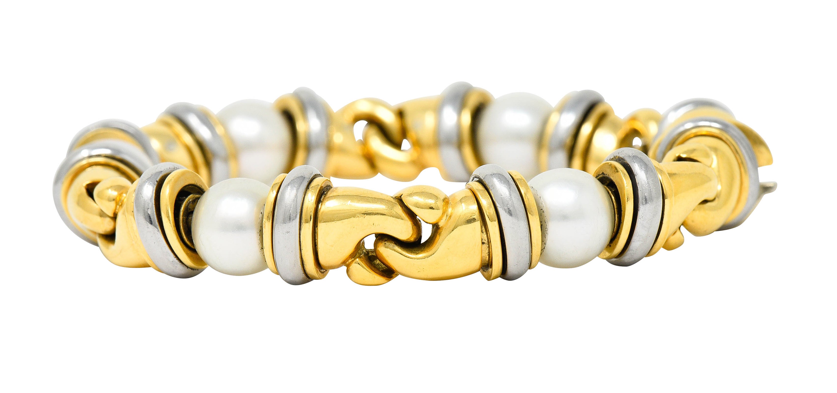 1990's Bulgari Cultured Pearl 18 Karat Gold Stainless Steel Gancio Italian Link Braceletbracelet - Wilson's Estate Jewelry