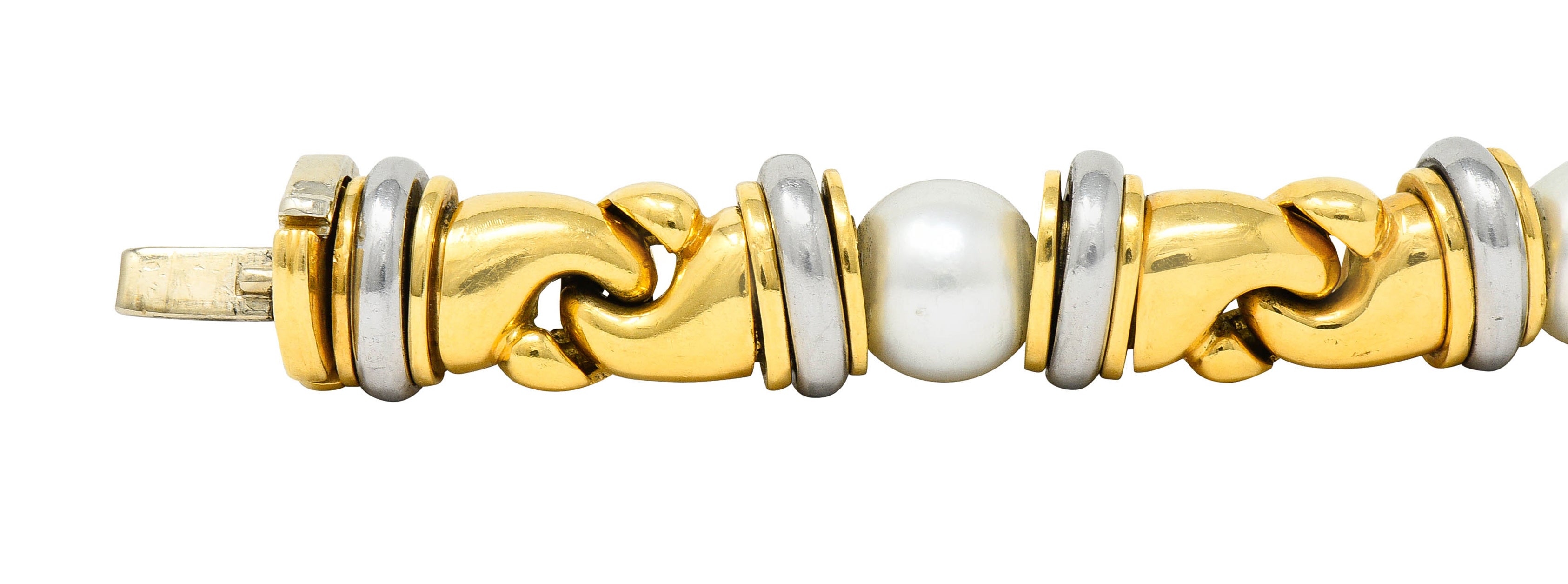 1990's Bulgari Cultured Pearl 18 Karat Gold Stainless Steel Gancio Italian Link Braceletbracelet - Wilson's Estate Jewelry