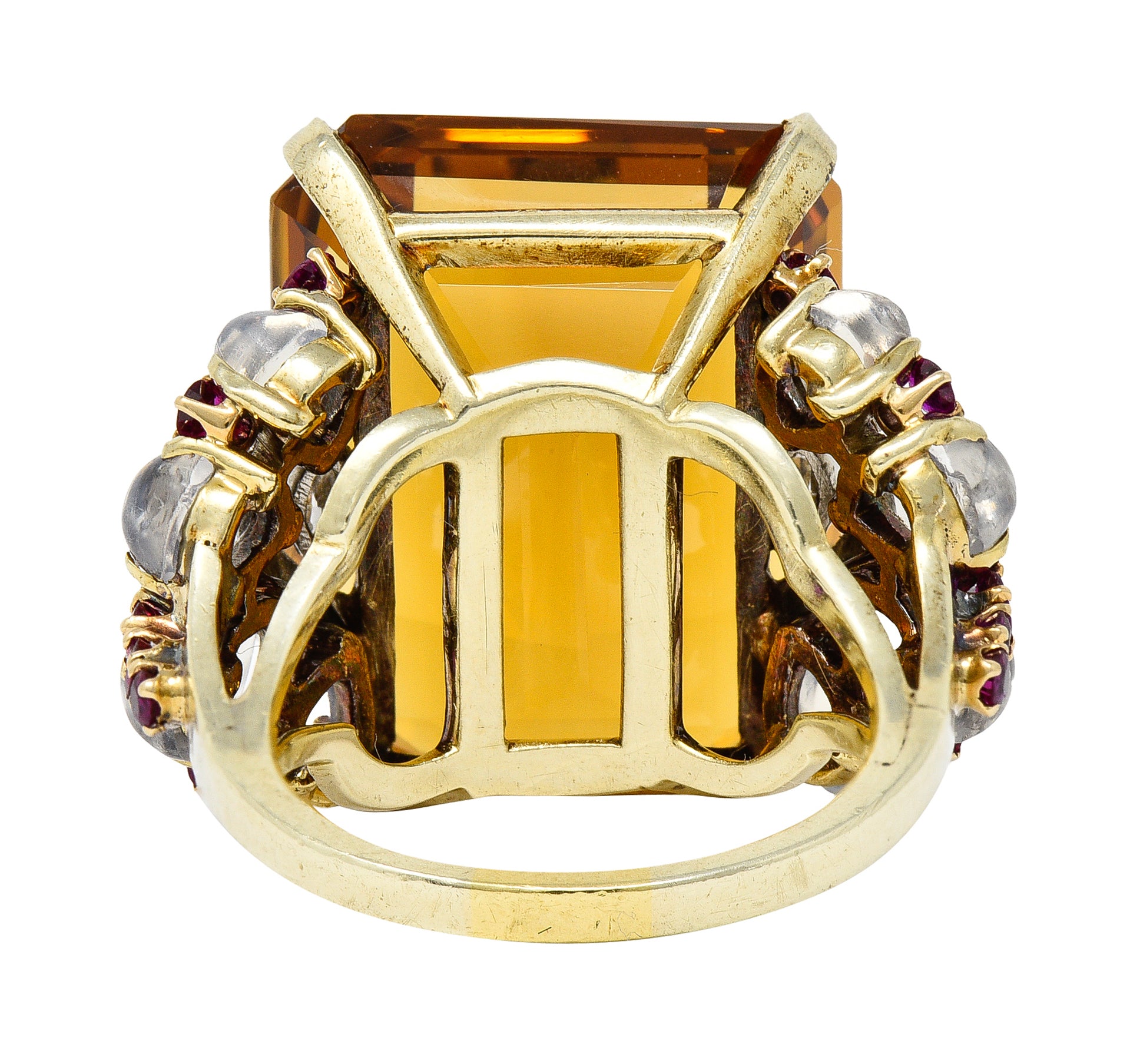 Tiffany & Co. Retro 39.97 CTW Emerald Cut Citrine Diamond Ruby Moonstone Cabochon Platinum 14 Karat Yellow Gold Vintage Cocktail Ring Wilson's Estate Jewelry