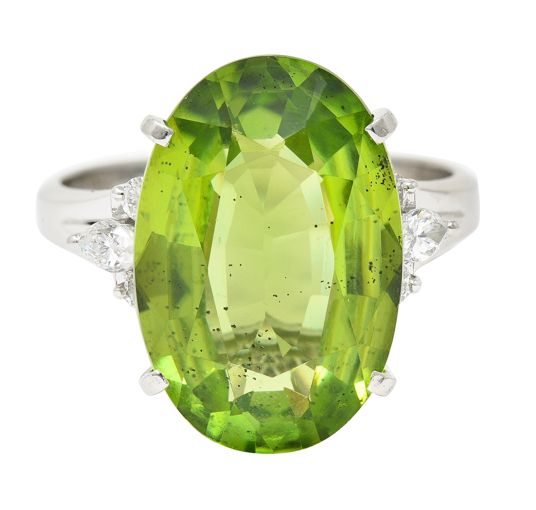 Contemporary 9.42 CTW Oval Cut Peridot Diamond Platinum Cluster Ring Wilson's Estate Jewelry