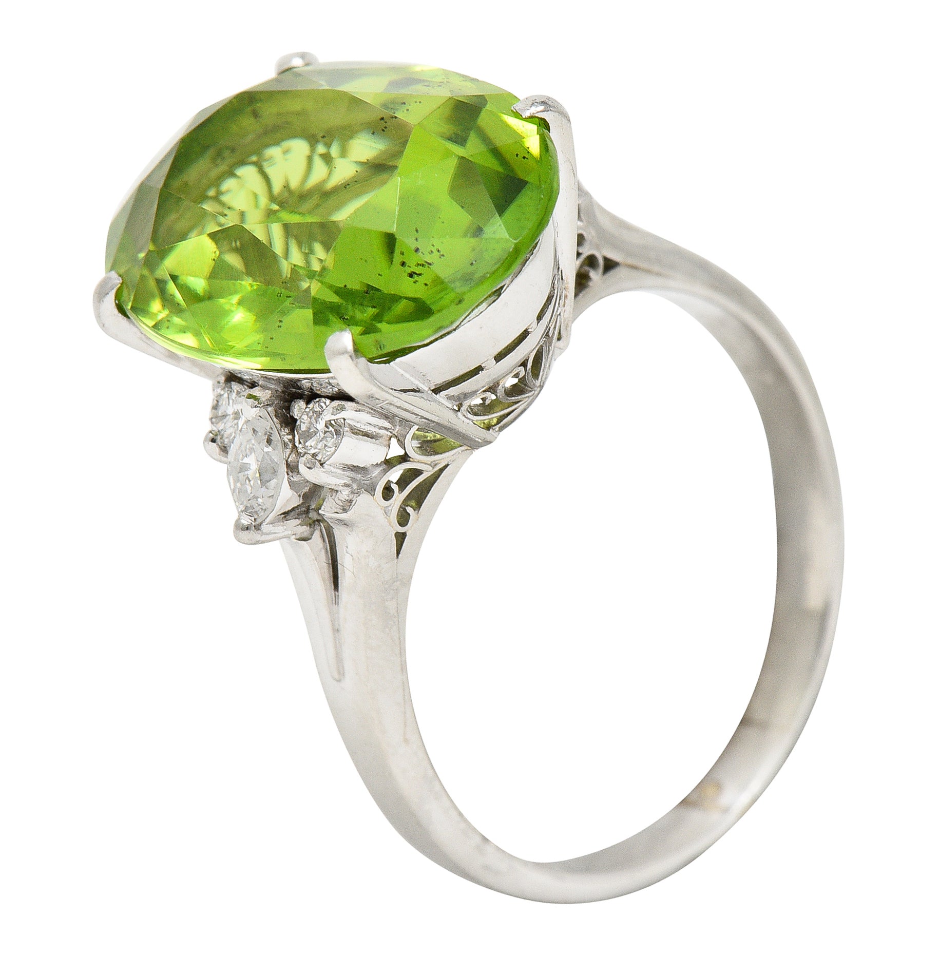 Contemporary 9.42 CTW Oval Cut Peridot Diamond Platinum Cluster Ring Wilson's Estate Jewelry