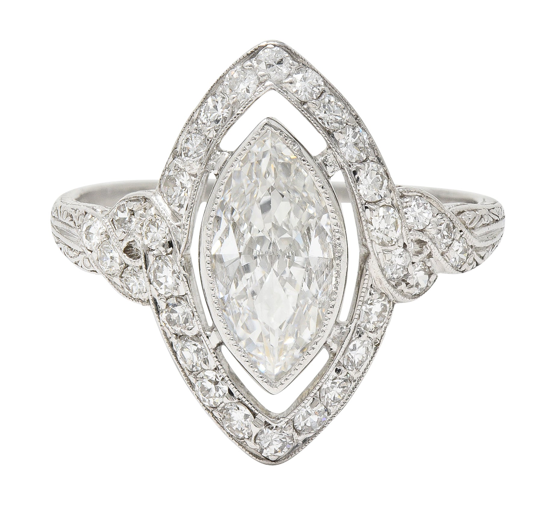 Tiffany & Co. Art Deco 1.30 CTW Marquise Cut Diamond Platinum Twisting Halo Engagement Ring GIA Wilson's Estate Jewelry