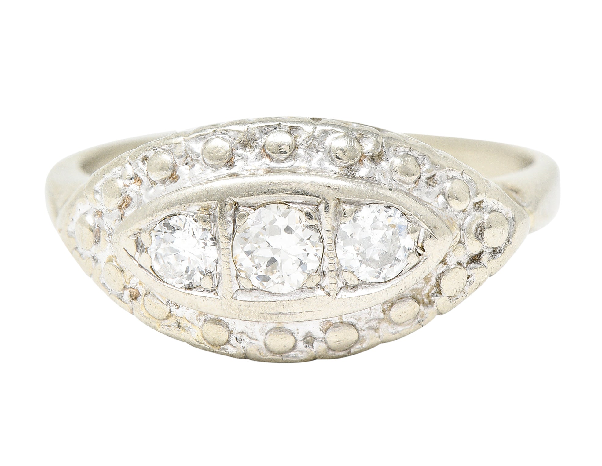 .11111 Art Deco Old European Cut Diamond 14 Karat White Gold Three Stone Bombay Dinner Ring Wilson's Estate Jewelry