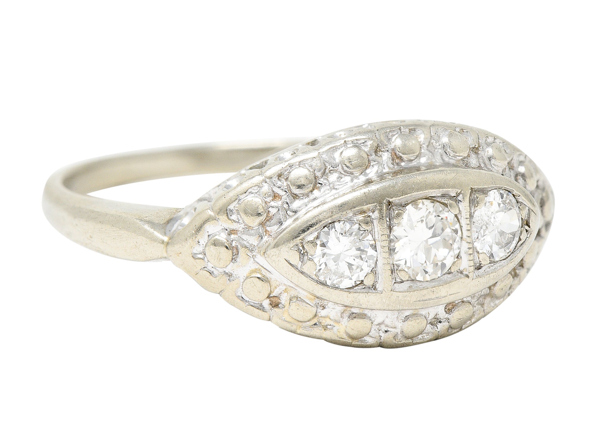 .11111 Art Deco Old European Cut Diamond 14 Karat White Gold Three Stone Bombay Dinner Ring Wilson's Estate Jewelry