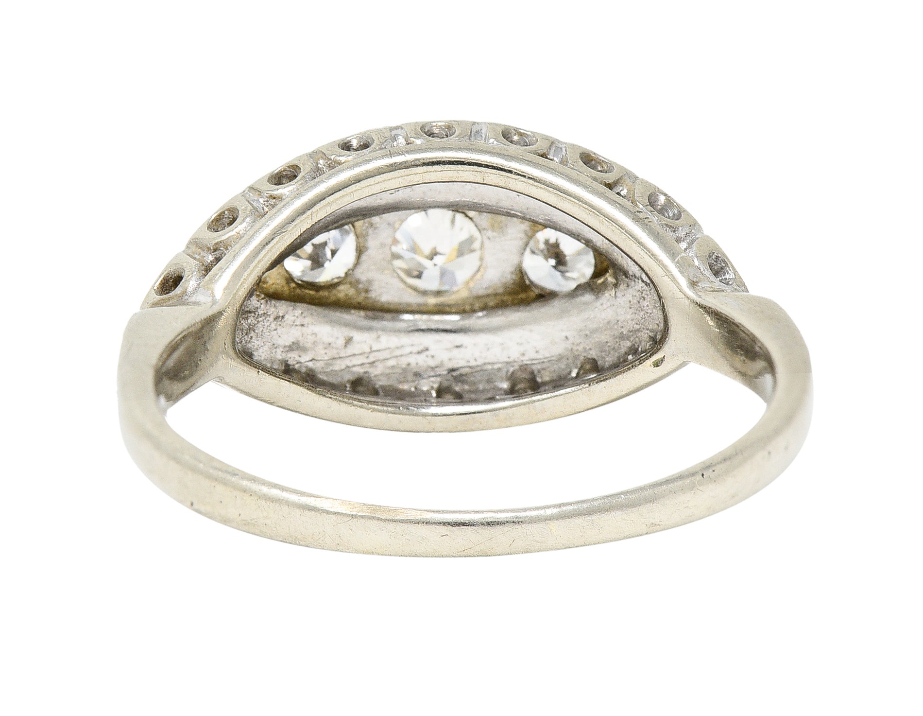 .11111 Art Deco Old European Cut Diamond 14 Karat White Gold Three Stone Bombay Dinner Ring Wilson's Estate Jewelry