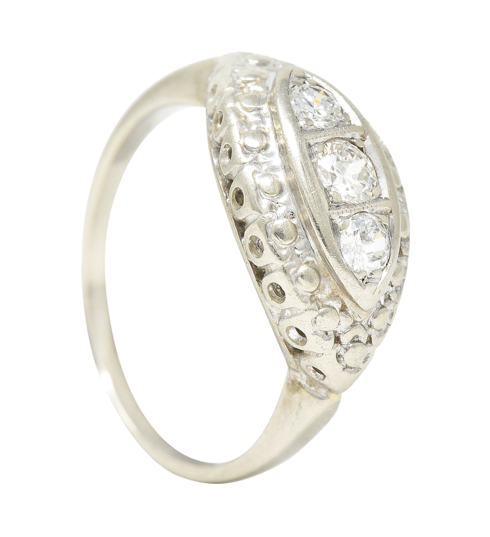 .11111 Art Deco Old European Cut Diamond 14 Karat White Gold Three Stone Bombay Dinner Ring Wilson's Estate Jewelry