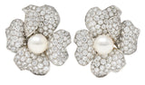 Cartier Vintage 9.28 CTW Diamond South Sea Pearl 18 Karat White Gold Flower Earrings Wilson's Estate Jewelry