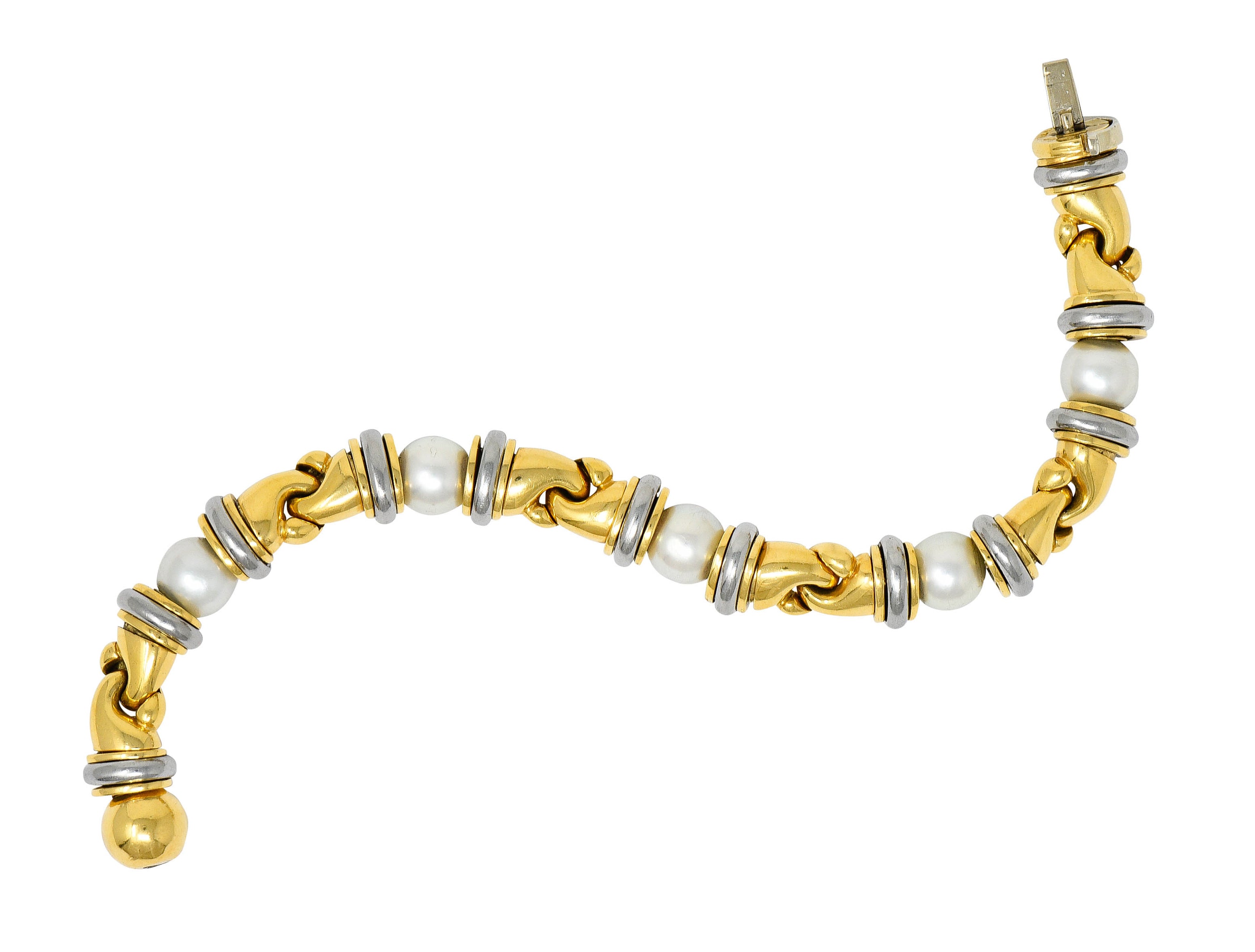 1990's Bulgari Cultured Pearl 18 Karat Gold Stainless Steel Gancio Italian Link Braceletbracelet - Wilson's Estate Jewelry