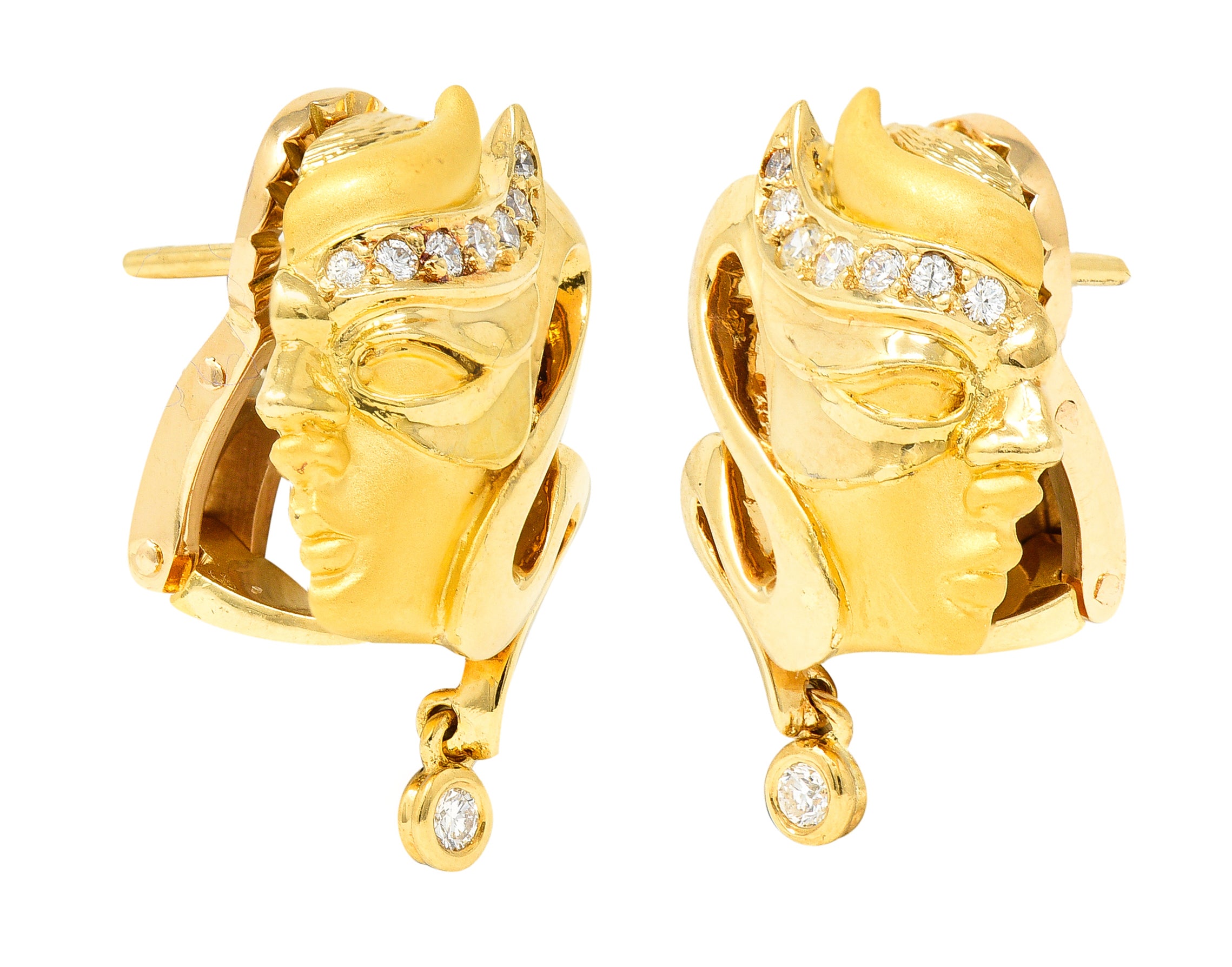 .11111 Carrera y Carrera Diamond 18 Karat Yellow Gold Masquerade Mask Vintage Stud Earrings Wilson's Estate Jewelry