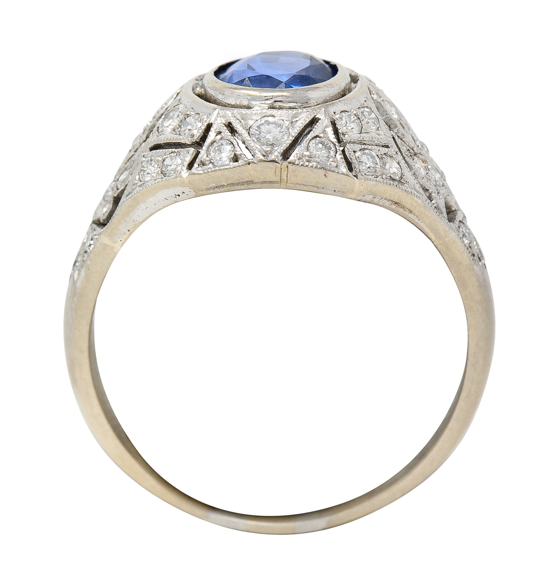 1960's Art Deco Revival 1.72 CTW Oval Cut Sapphire Diamond 14 Karat White Gold Fleur-De-Lis Vintage Bombay Dinner Ring Wilson's Estate Jewelry