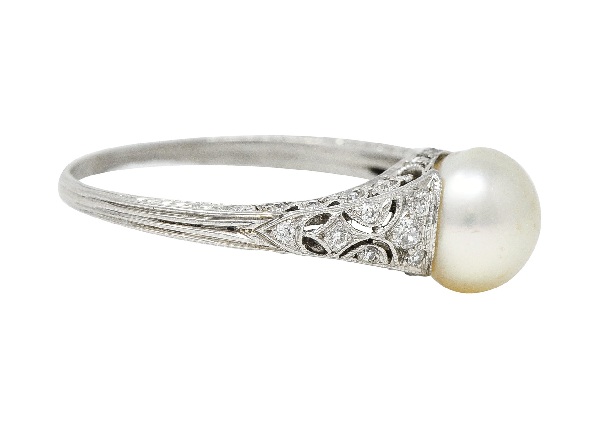 Tiffany & Co. Edwardian Pearl Diamond Platinum Ivy Foliate Antique Gemstone Ring Wilson's Estate Jewelry