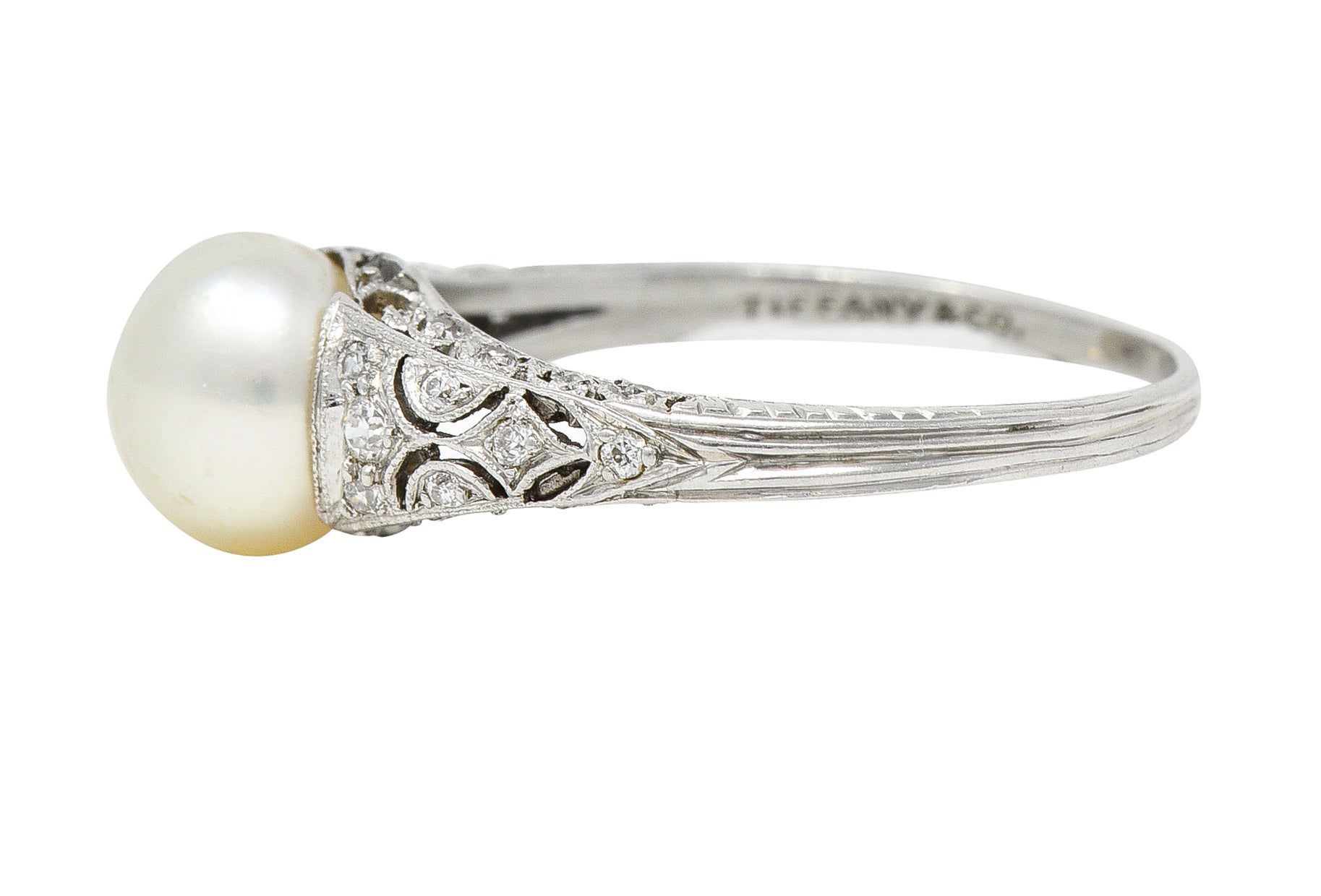 Tiffany & Co. Edwardian Pearl Diamond Platinum Ivy Foliate Antique Gemstone Ring Wilson's Estate Jewelry