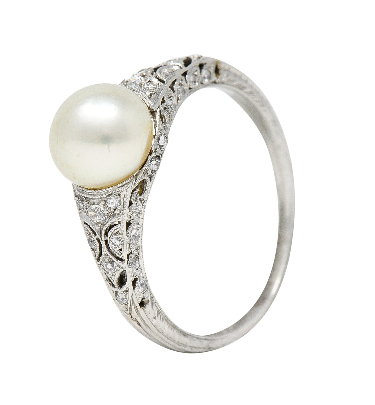 Tiffany & Co. Edwardian Pearl Diamond Platinum Ivy Foliate Antique Gemstone Ring Wilson's Estate Jewelry