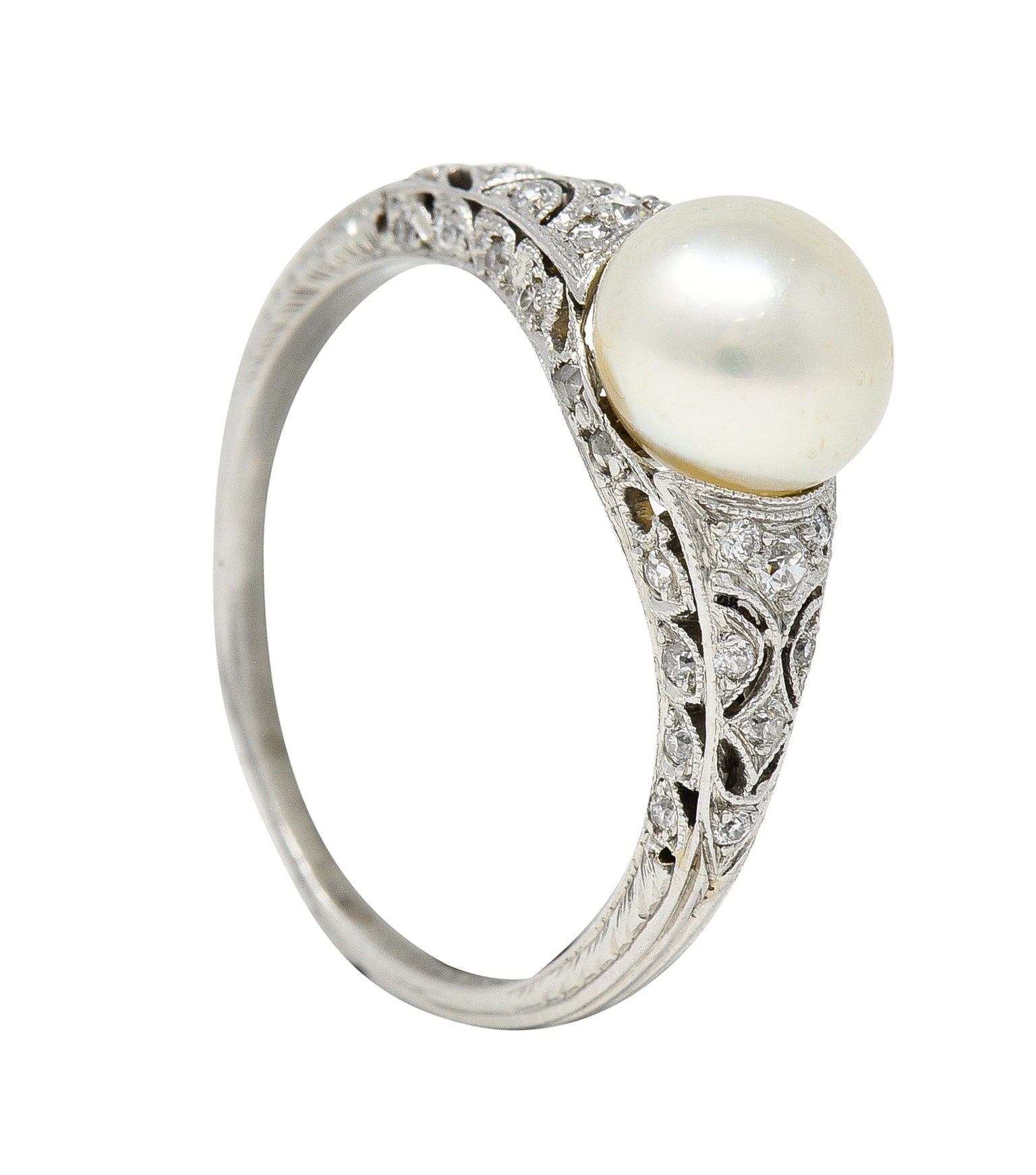 Tiffany & Co. Edwardian Pearl Diamond Platinum Ivy Foliate Antique Gemstone Ring Wilson's Estate Jewelry