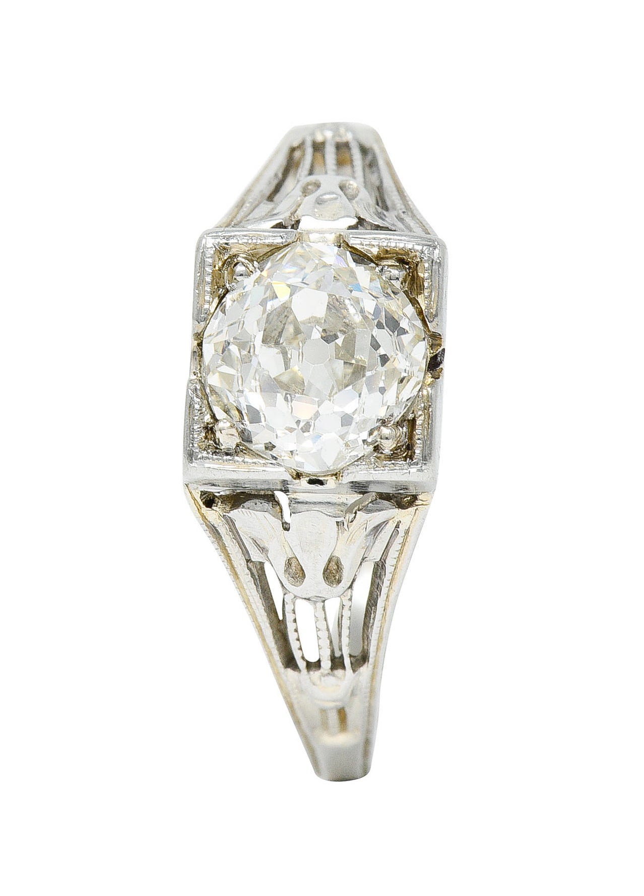 Art Deco 1.02 CTW Diamond 18 Karat White Gold Lotus Engagement Ring GIARing - Wilson's Estate Jewelry