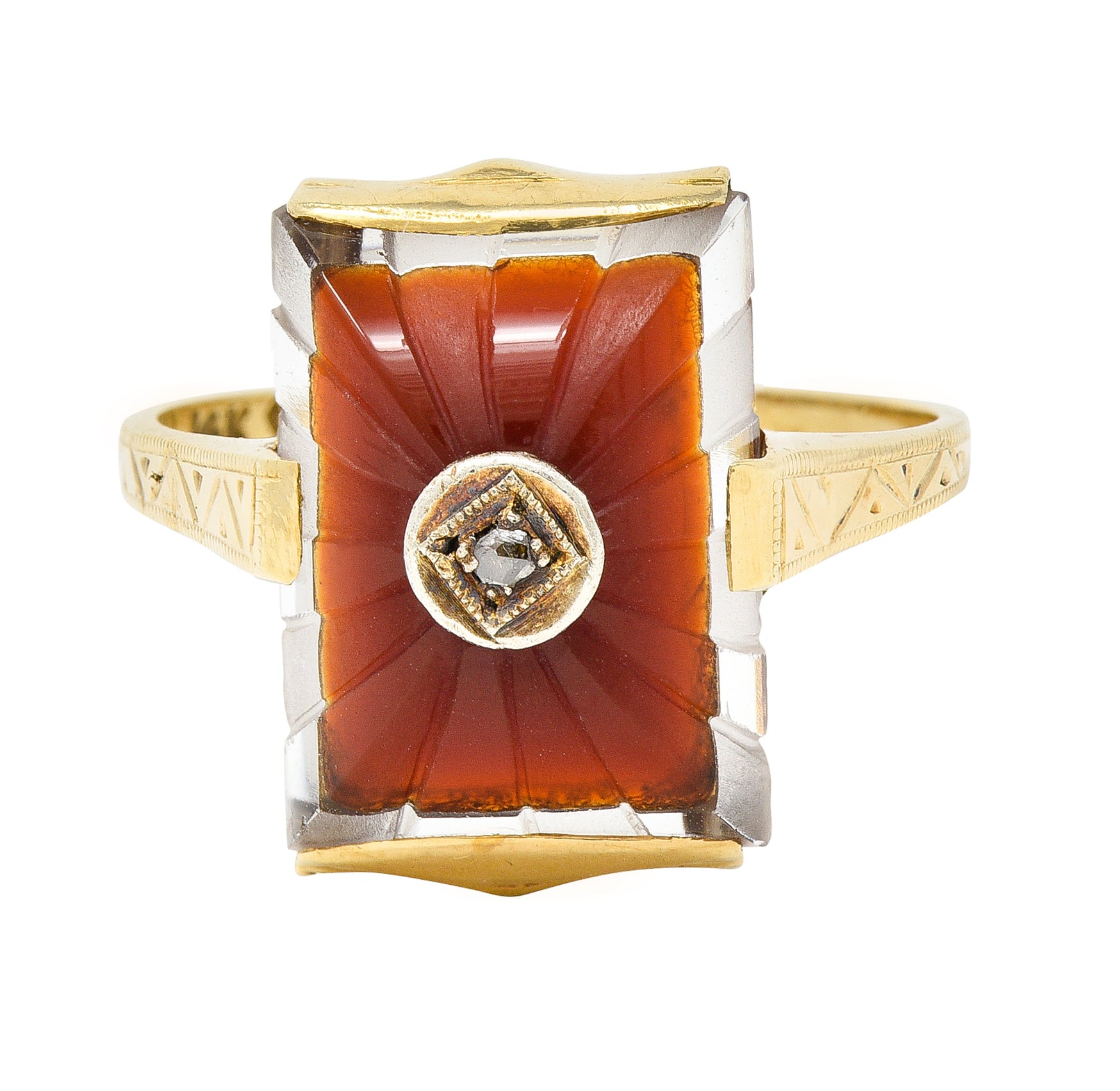 Art Deco Carved Carnelian Quartz Crystal Diamond 14 Karat Yellow Gold Vintage Gemstone Ring Wilson's Estate Jewelry