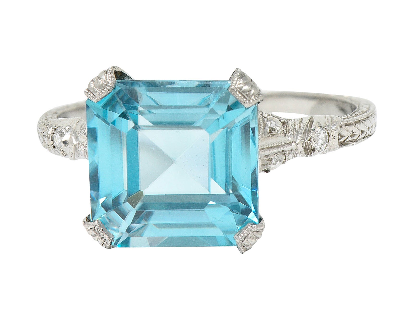 Art Deco Blue Zircon Diamond Platinum Wheat Gemstone RingRing - Wilson's Estate Jewelry