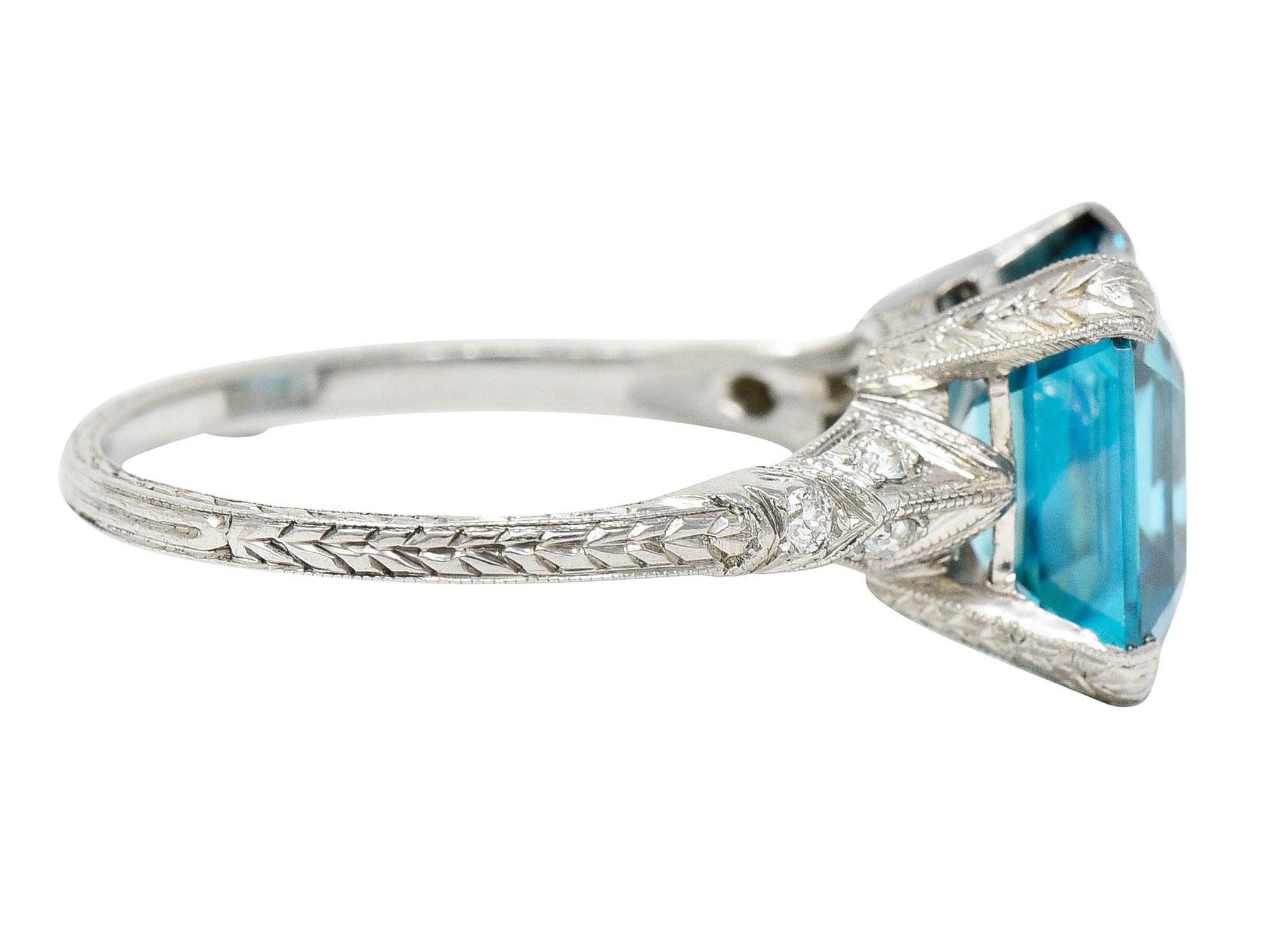 Art Deco Blue Zircon Diamond Platinum Wheat Gemstone RingRing - Wilson's Estate Jewelry