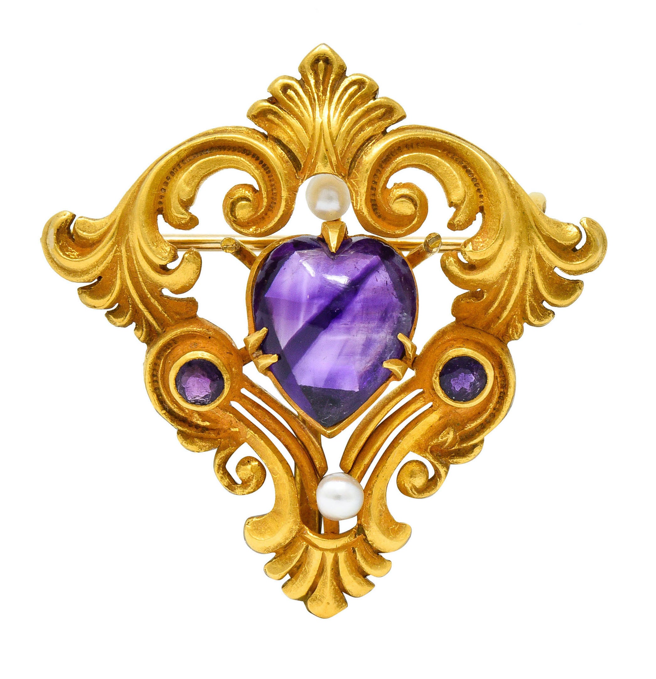 Art Nouveau Amethyst Pearl 14 Karat Gold Foliate Whiplash Pendant BroochBrooch - Wilson's Estate Jewelry