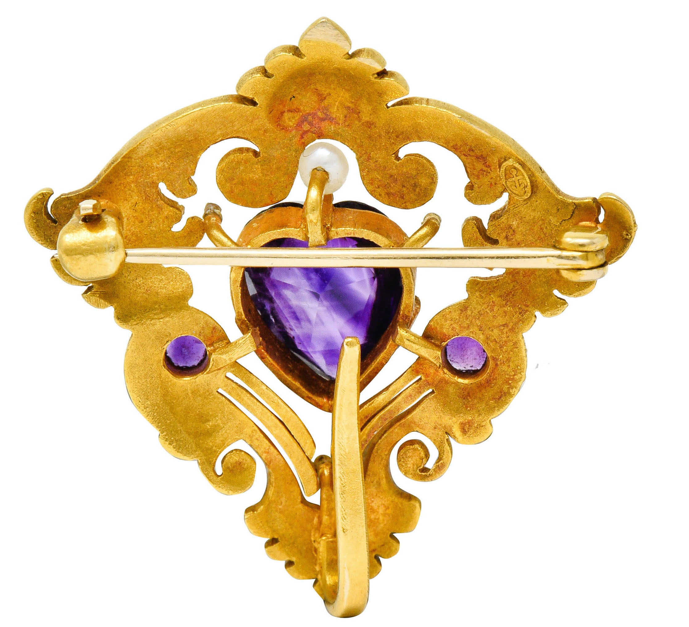 Art Nouveau Amethyst Pearl 14 Karat Gold Foliate Whiplash Pendant BroochBrooch - Wilson's Estate Jewelry