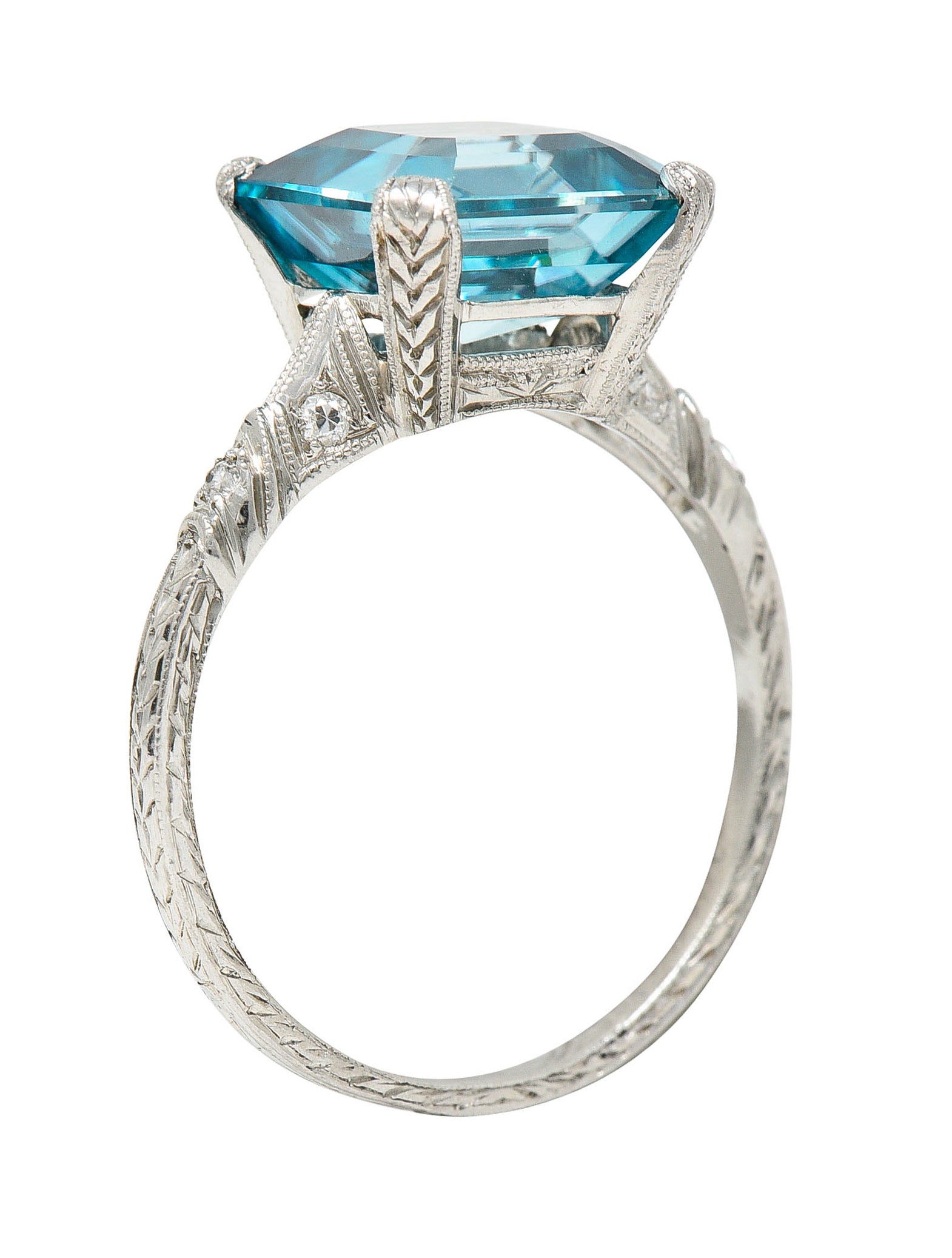 Art Deco Blue Zircon Diamond Platinum Wheat Gemstone RingRing - Wilson's Estate Jewelry