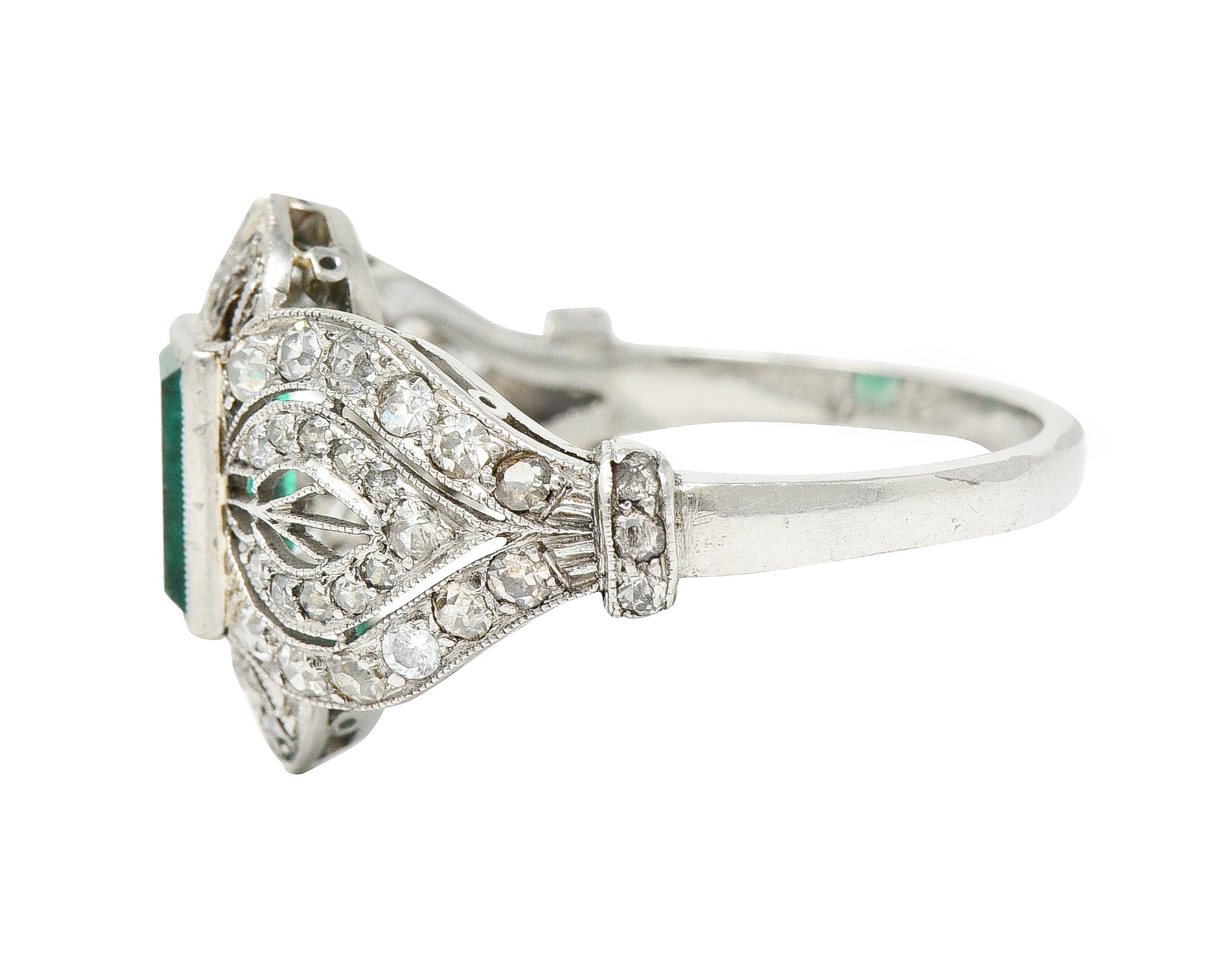 Edwardian 1.80 CTW Emerald Diamond Platinum Dinner Ring Wilson's Estate Jewelry