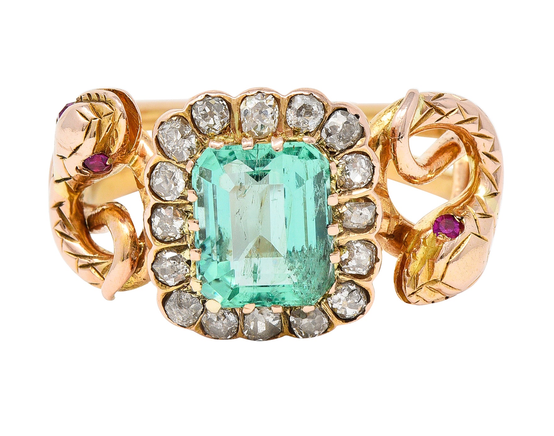 Victorian 2.46 CTW Emerald Old Mine Cut Diamond 18 Karat Rose Gold Snake Antique Halo Ring Wilson's Estate Jewelry