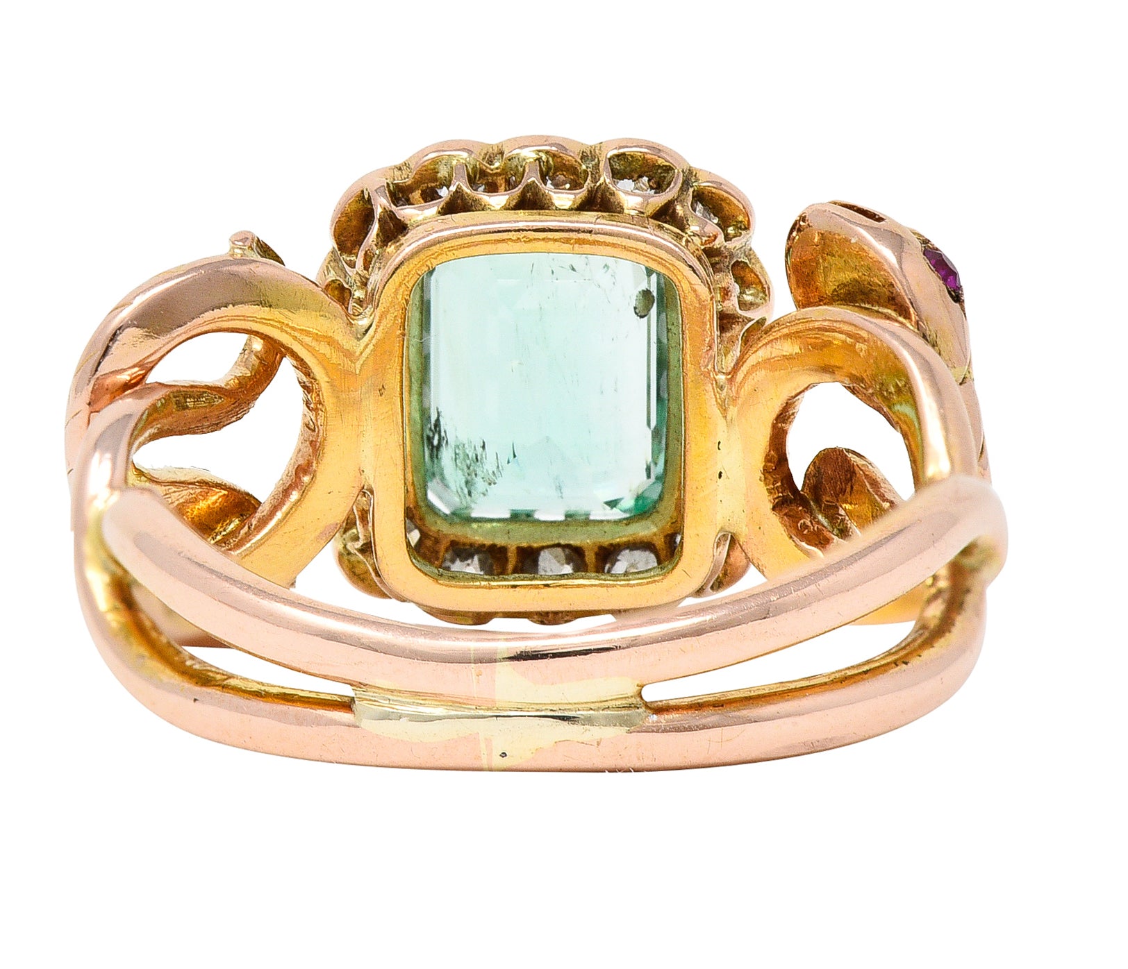 Victorian 2.46 CTW Emerald Old Mine Cut Diamond 18 Karat Rose Gold Snake Antique Halo Ring Wilson's Estate Jewelry