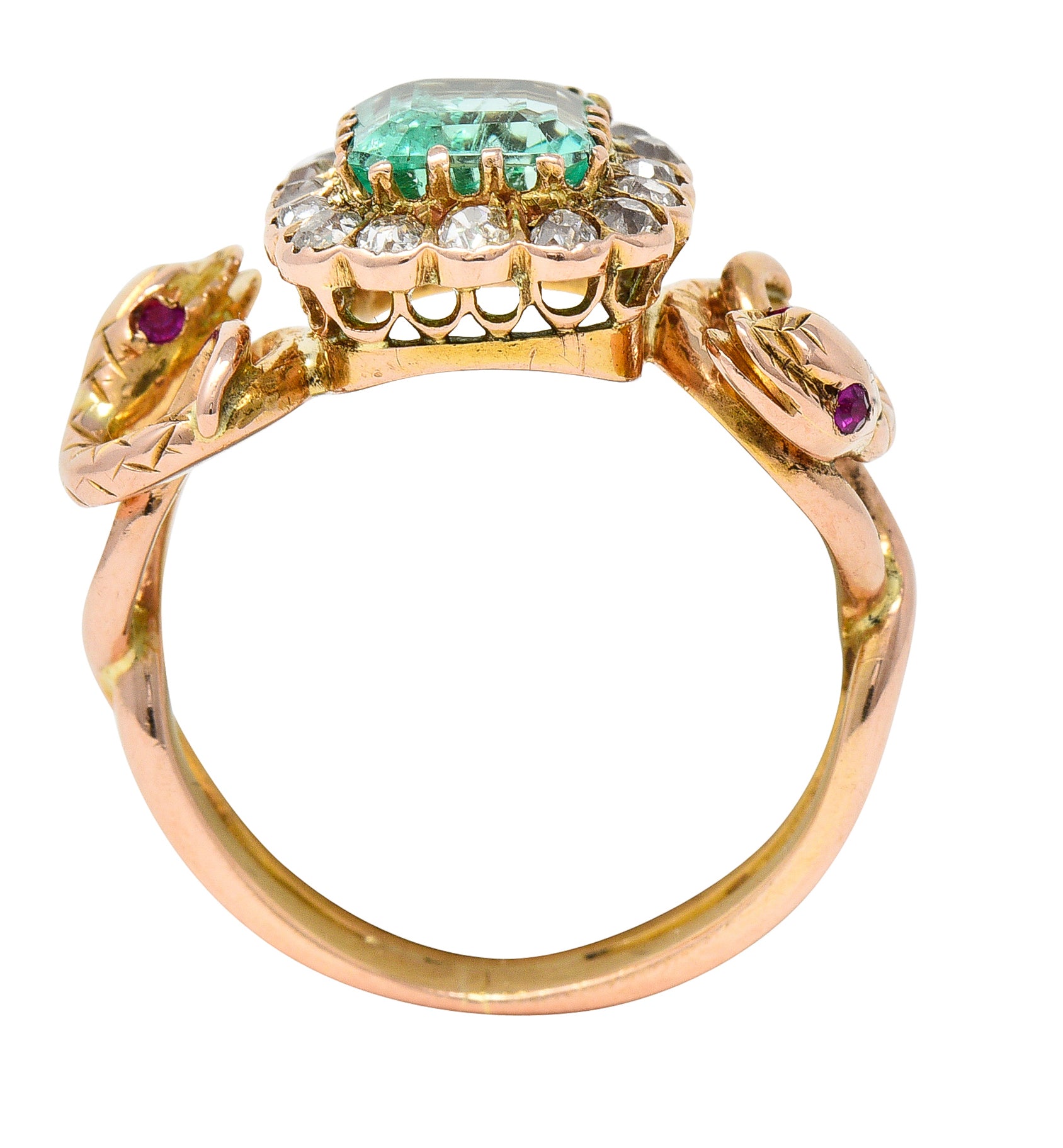 Victorian 2.46 CTW Emerald Old Mine Cut Diamond 18 Karat Rose Gold Snake Antique Halo Ring Wilson's Estate Jewelry