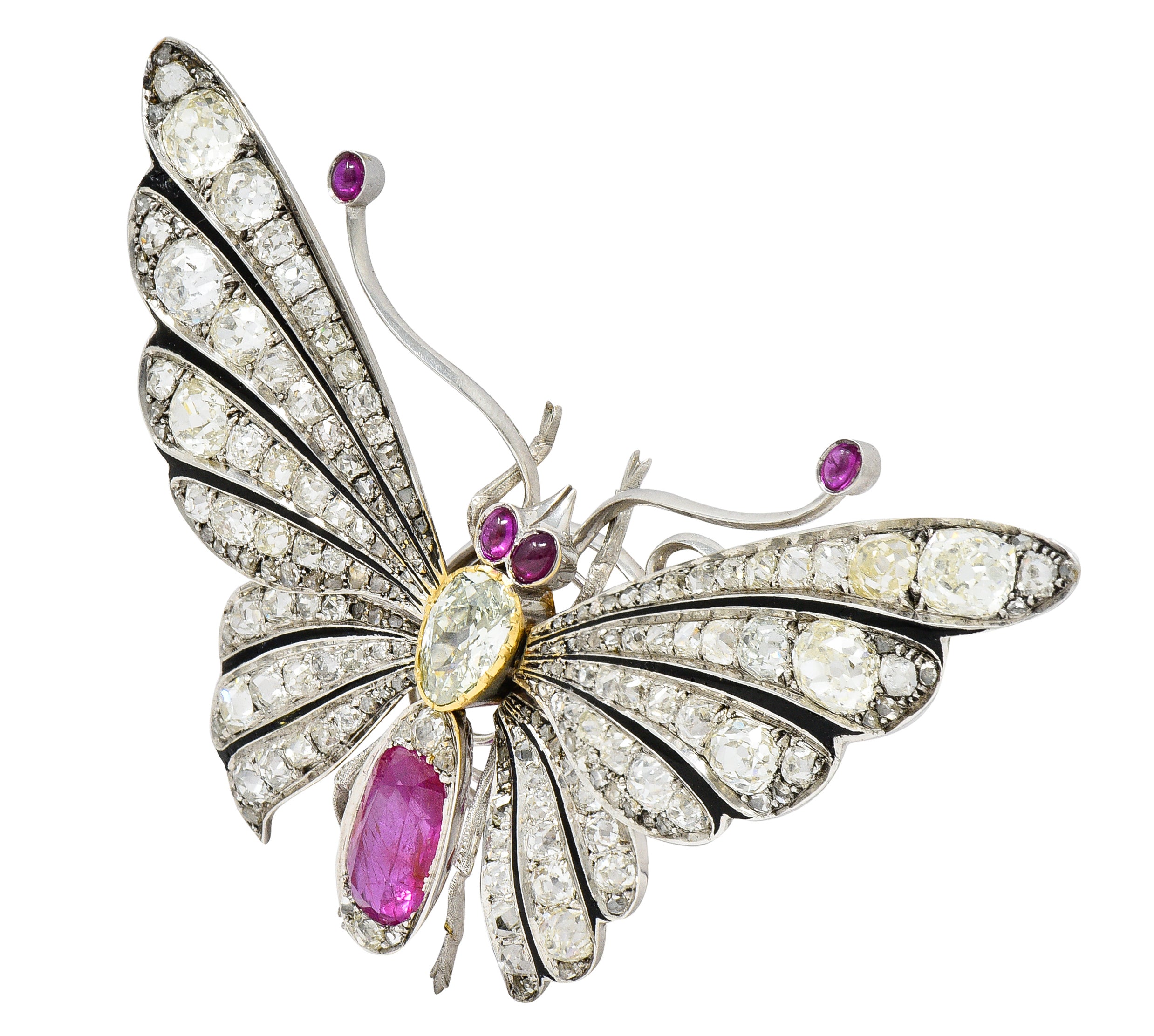 1860's Victorian 12.70 CTW Ruby Fancy Green Colored Diamond 18 Karat Gold Tremblant Butterfly Brooch GIA Wilson's Estate Jewelry