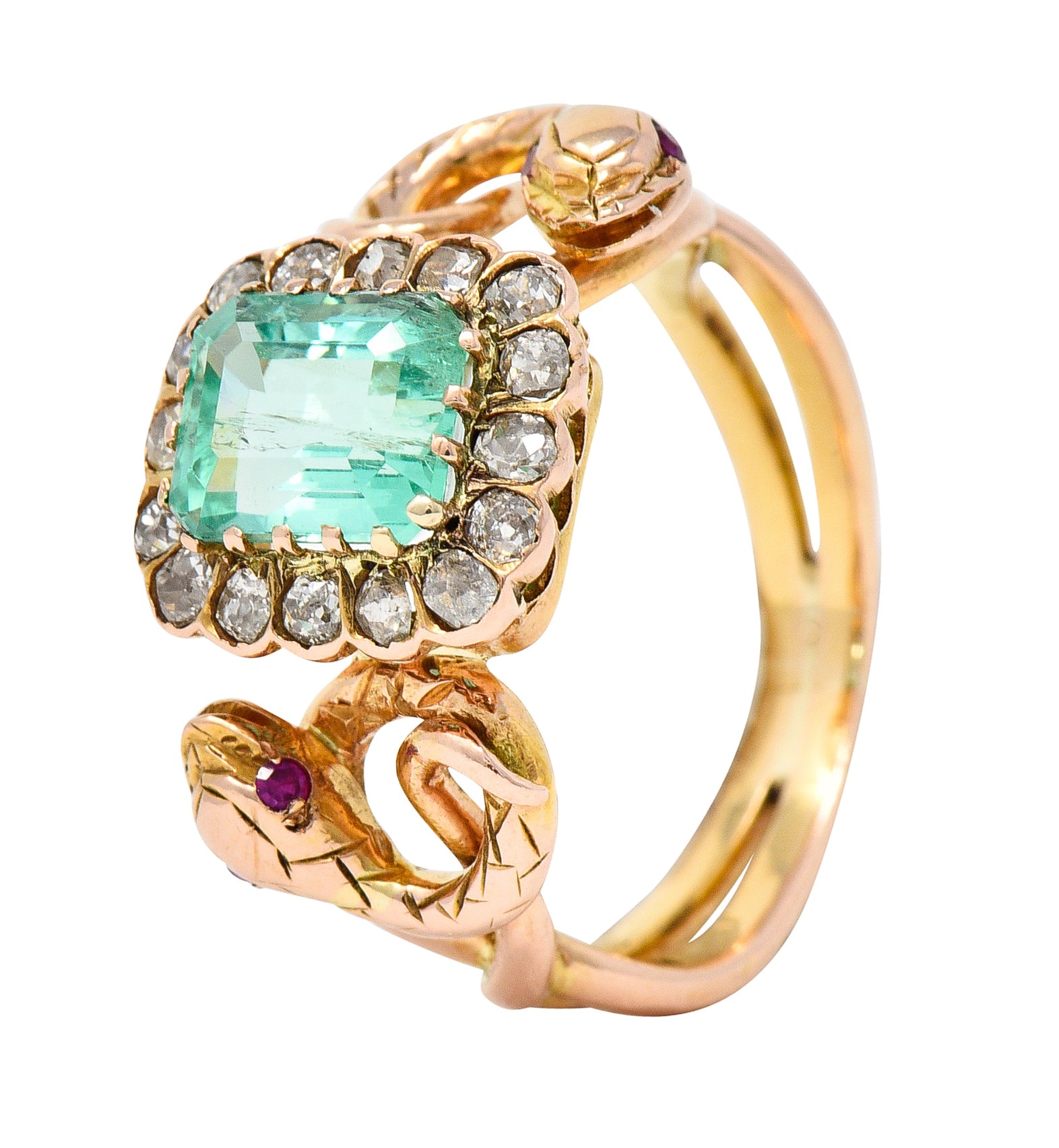 Victorian 2.46 CTW Emerald Old Mine Cut Diamond 18 Karat Rose Gold Snake Antique Halo Ring Wilson's Estate Jewelry