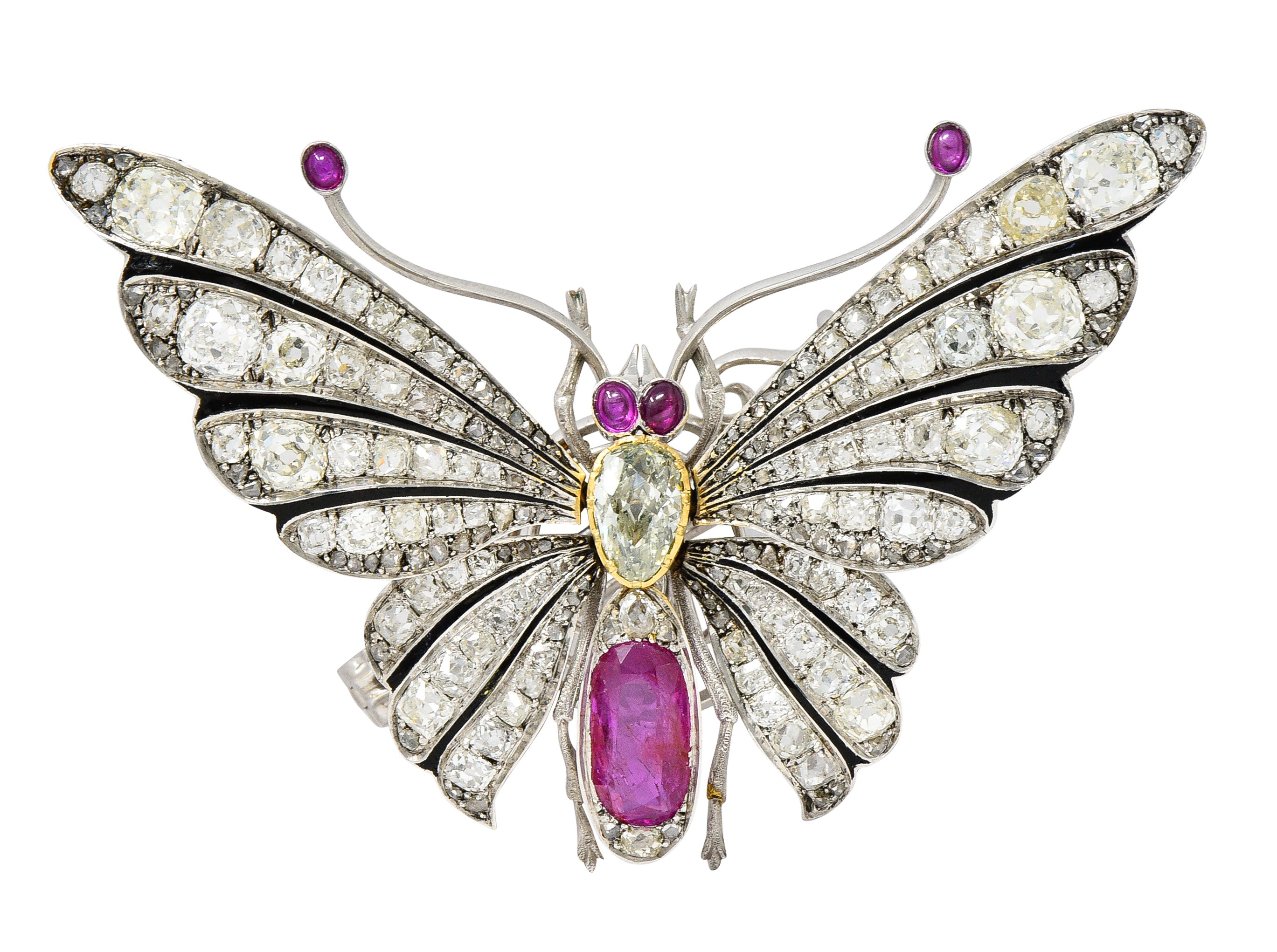 1860's Victorian 12.70 CTW Ruby Fancy Green Colored Diamond 18 Karat Gold Tremblant Butterfly Brooch GIA Wilson's Estate Jewelry