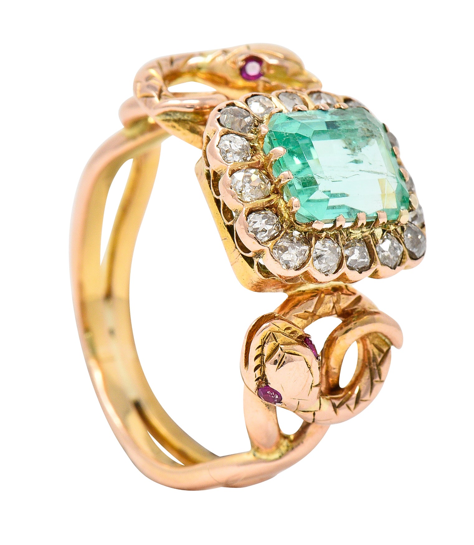 Victorian 2.46 CTW Emerald Old Mine Cut Diamond 18 Karat Rose Gold Snake Antique Halo Ring Wilson's Estate Jewelry