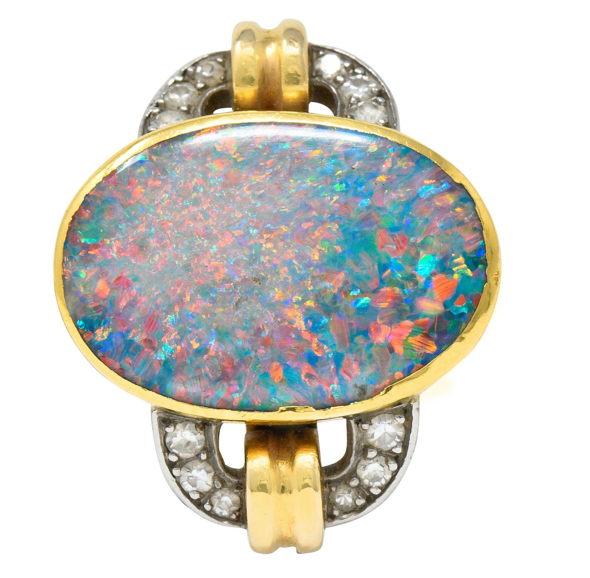 Retro Black Opal Diamond 14 Karat Gold Platinum Buckle RingRing - Wilson's Estate Jewelry