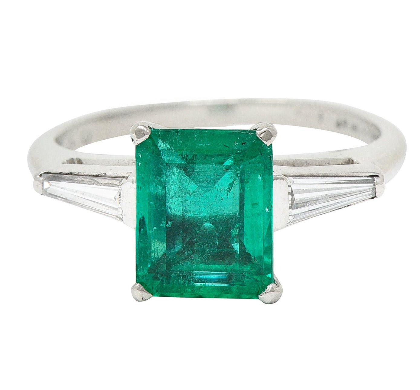 1950's Mid-Century 1.83 CTW Emerald Diamond Platinum Ring Wilson's Estate Jewelry