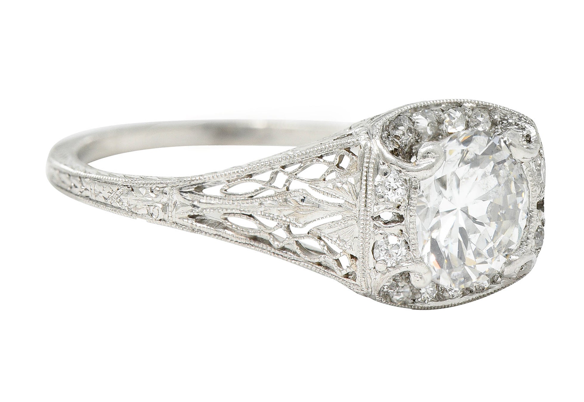 Art Deco 1.35 CTW Diamond Platinum Scrolling Engagement Ring GIARing - Wilson's Estate Jewelry