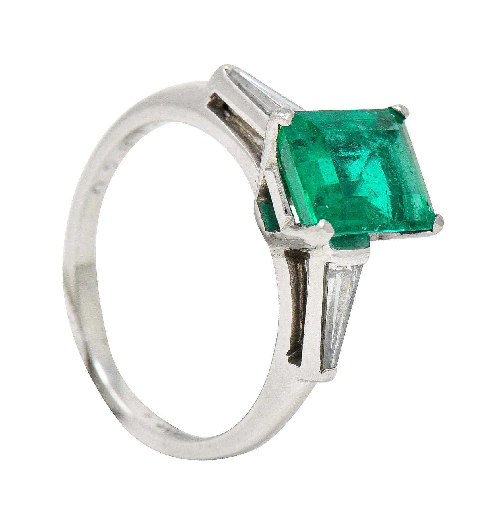 1950's Mid-Century 1.83 CTW Emerald Diamond Platinum Ring Wilson's Estate Jewelry