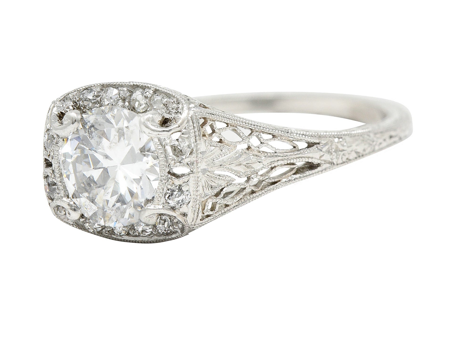 Art Deco 1.35 CTW Diamond Platinum Scrolling Engagement Ring GIARing - Wilson's Estate Jewelry