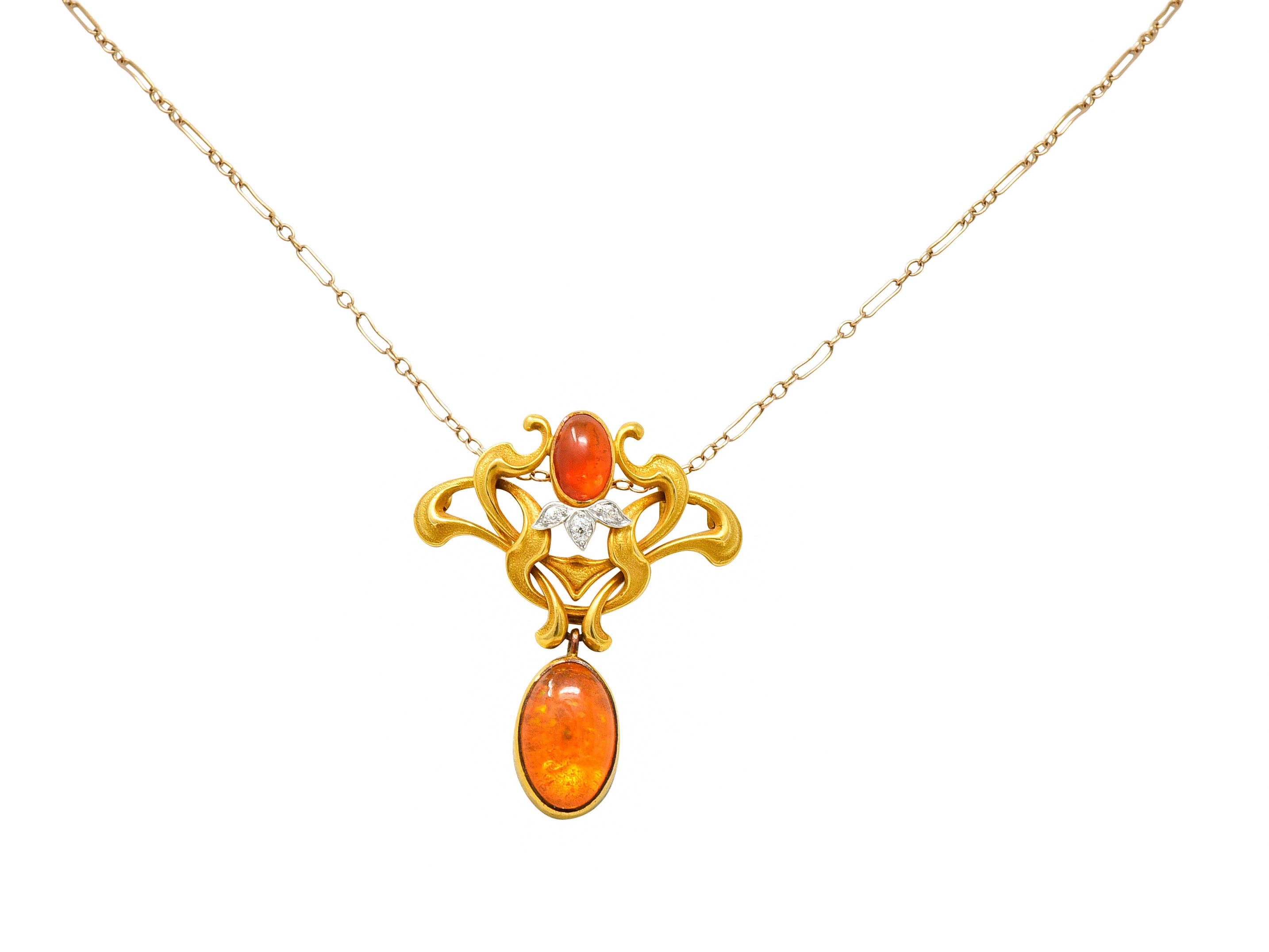 Art Nouveau Mexican Fire Opal Diamond 14 Karat Gold Whiplash Pendant NecklaceNecklace - Wilson's Estate Jewelry